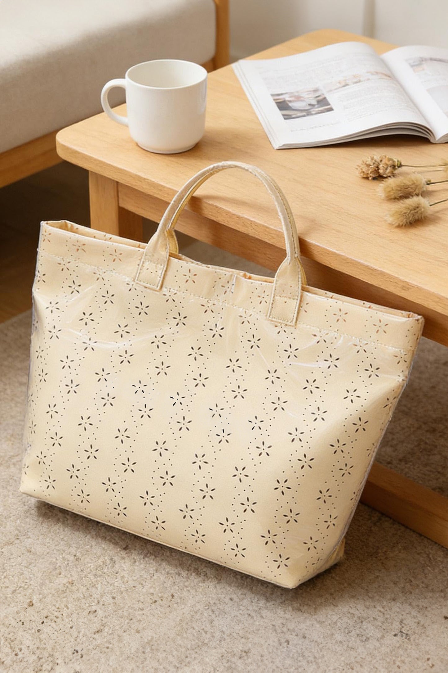 Beige Eyelet Flower Pattern PVC Glossy Waterproof Tote Bag