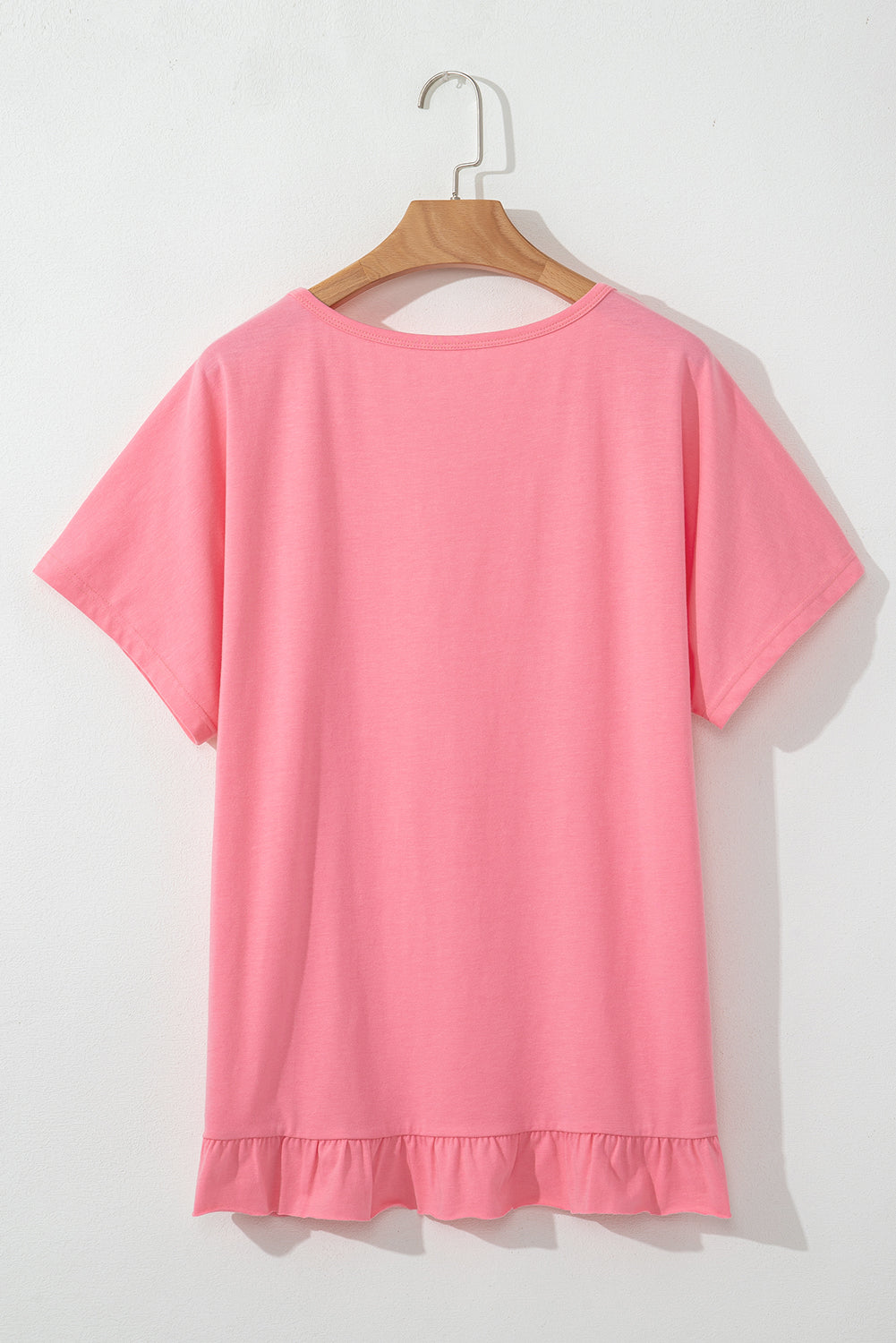 Pink Frill Hem Solid Color Loose T-Shirt