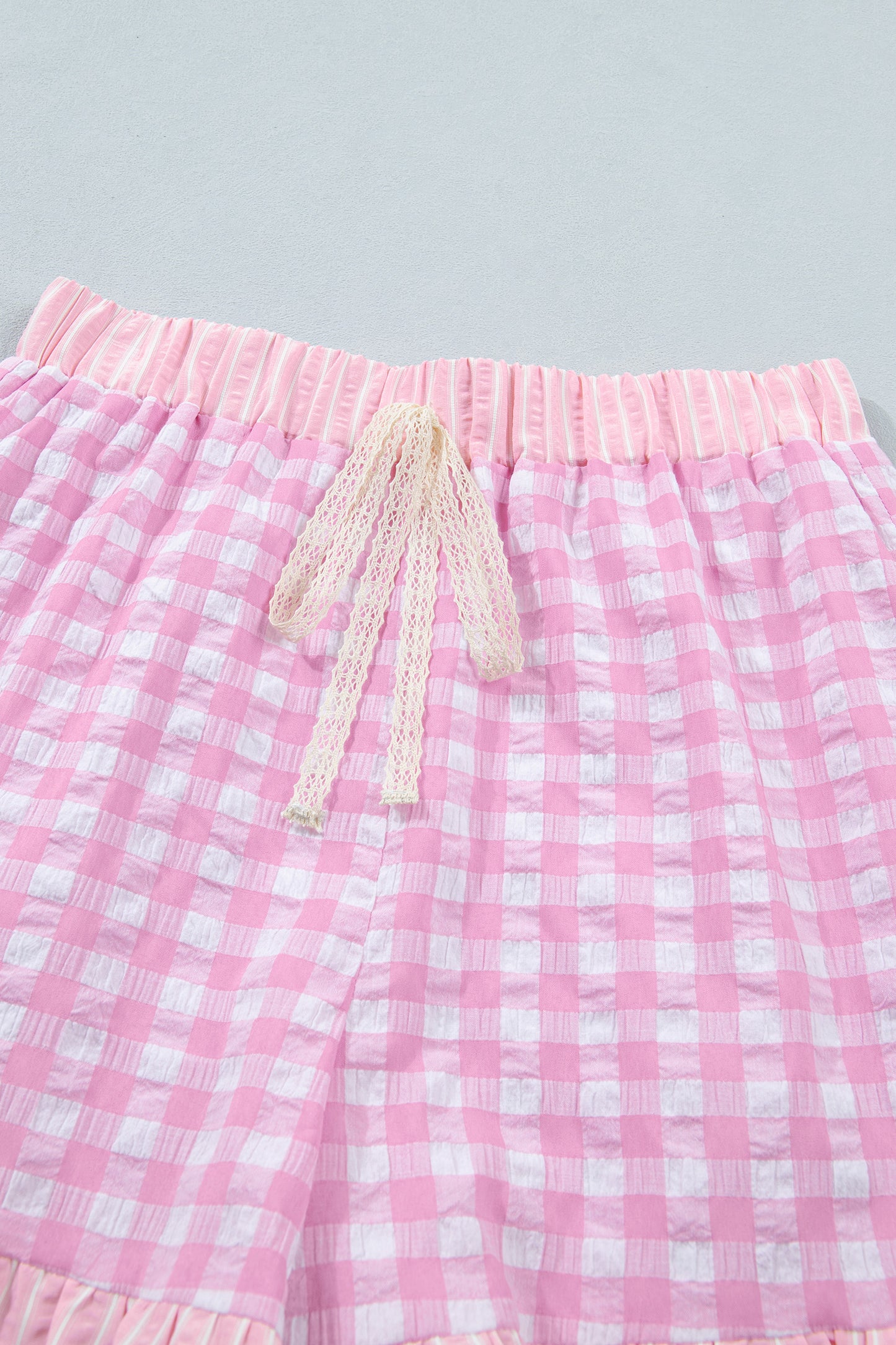 Red Gingham Print Ruffle Striped Detail Lace Tie Shorts