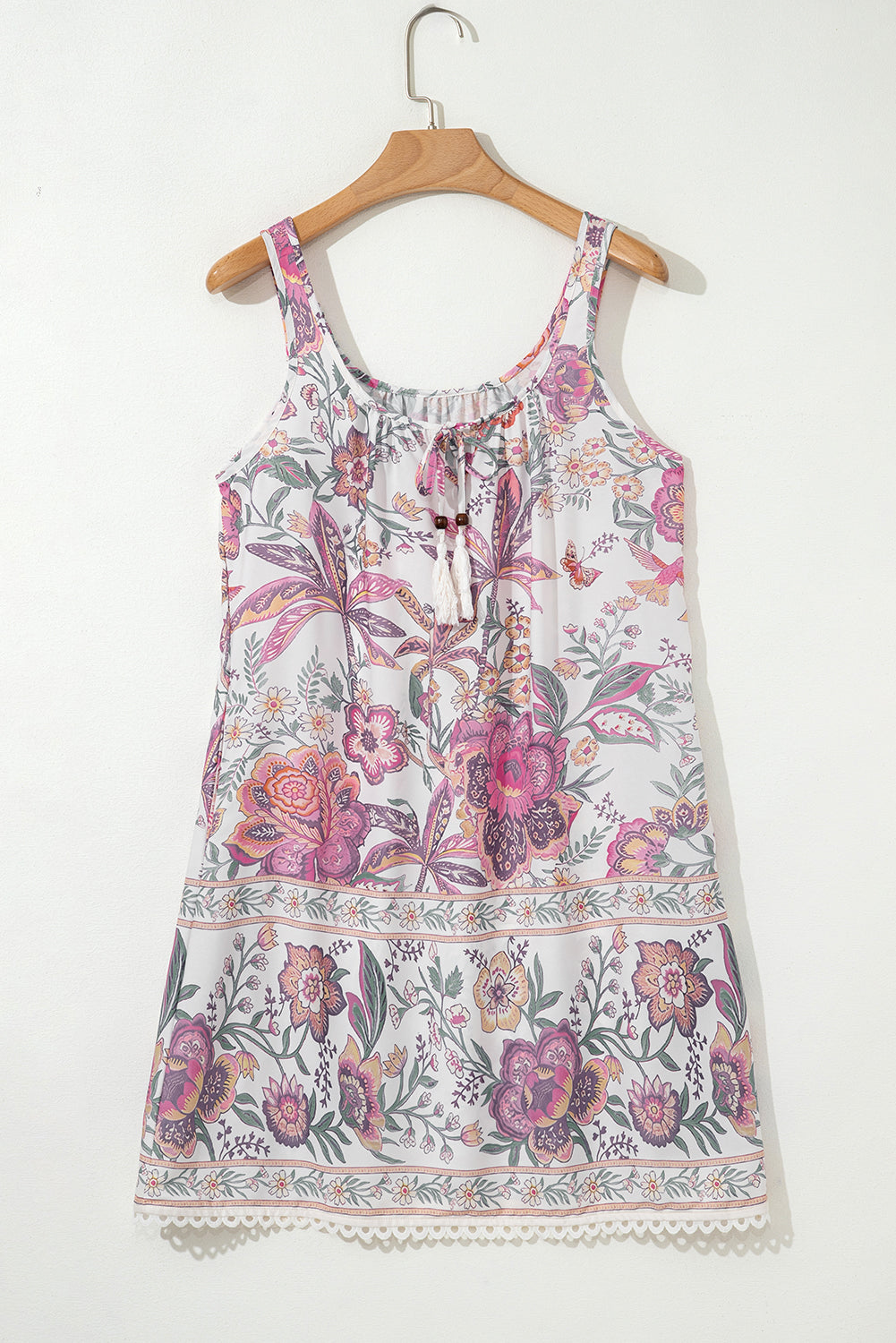 Multicolour Boho Floral Tassel Tie U Neck Mini Dress