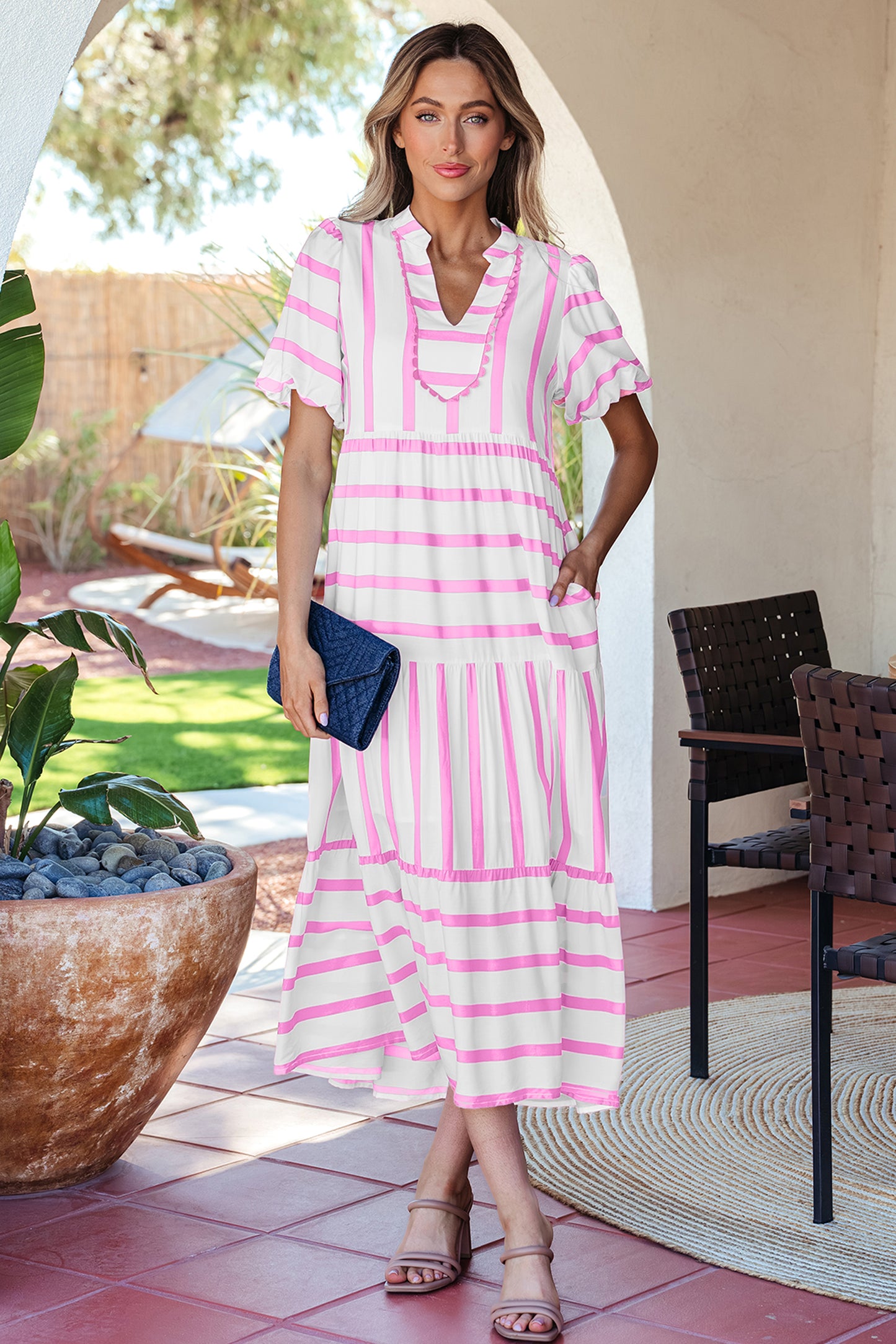 Green Stripe Ricrac Trim Notched Neck Half Sleeve Vacation Dress