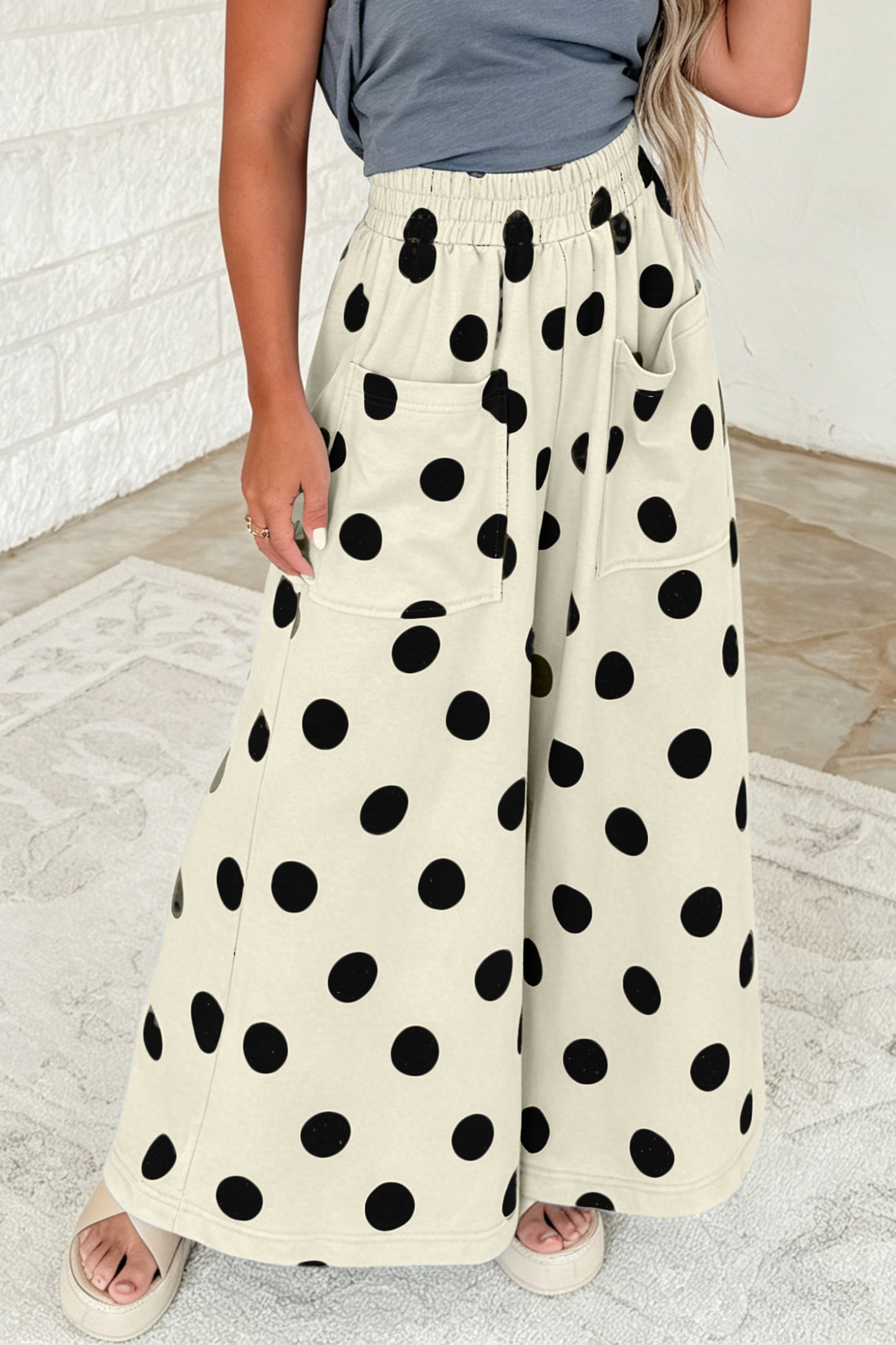 Khaki Polka Dot Wide Leg Elastic Waist Casual Pants
