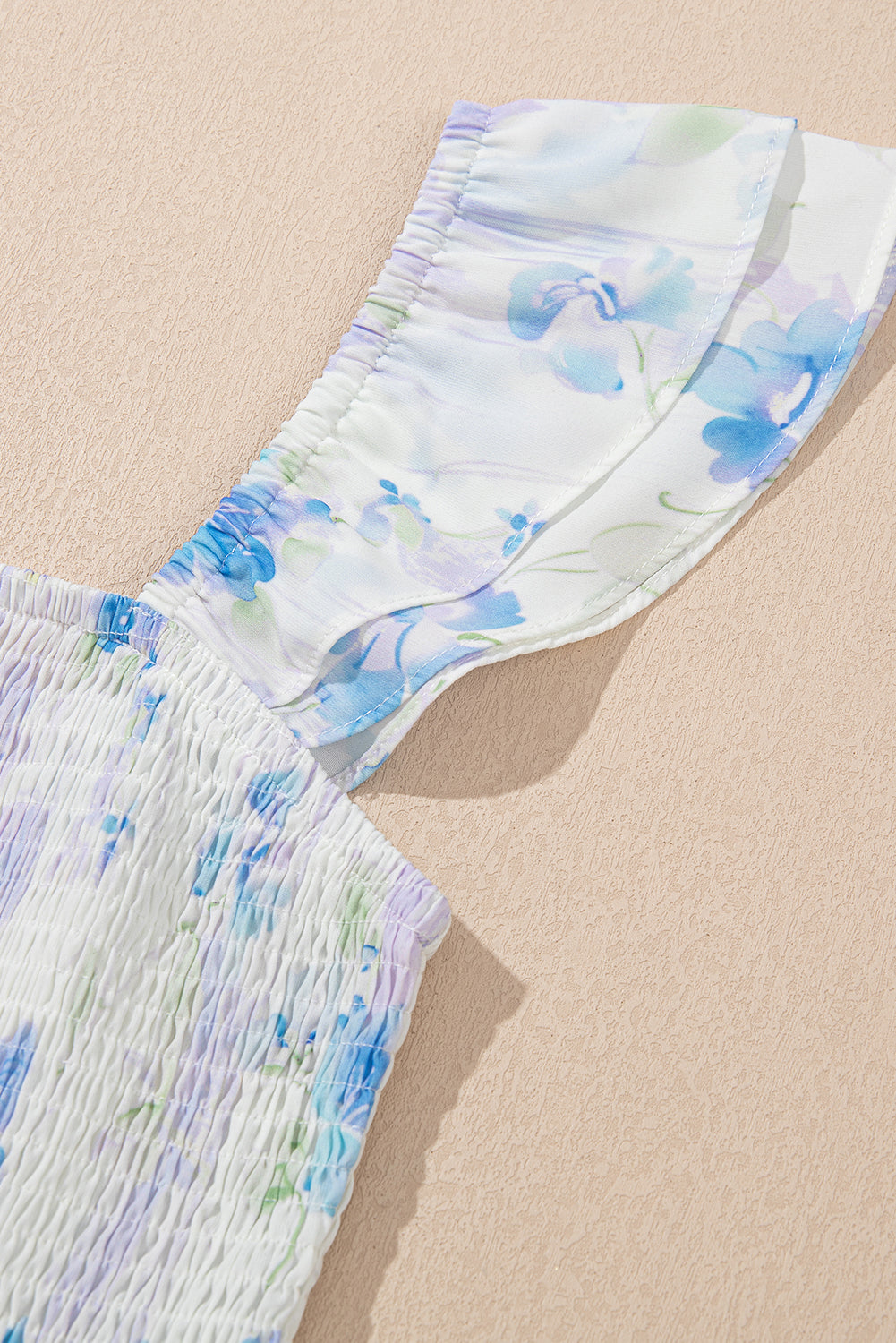 Sky Blue Floral Smocked High Waist Ruffle Sleeveless Long Dress