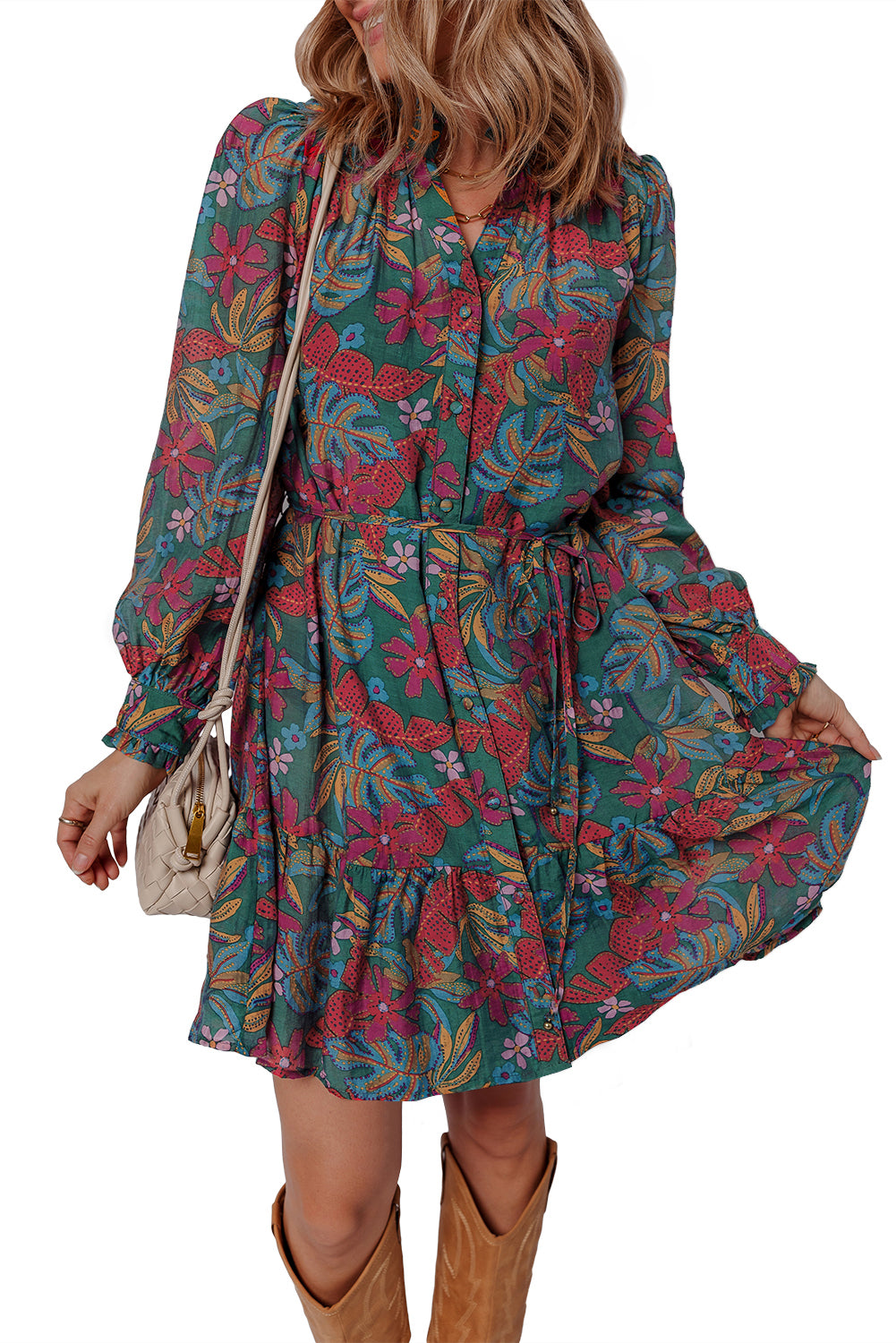 Green Floral Frill V Neck Puff Sleeve Ruffle Mini Dress