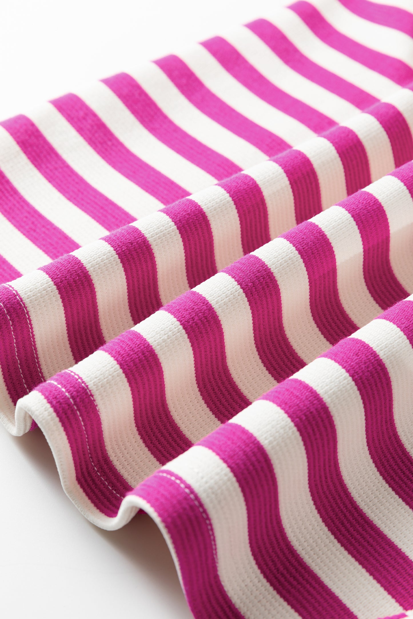 Rose Stripe Short Puff Sleeve Contrast Trim Round Neck Tee