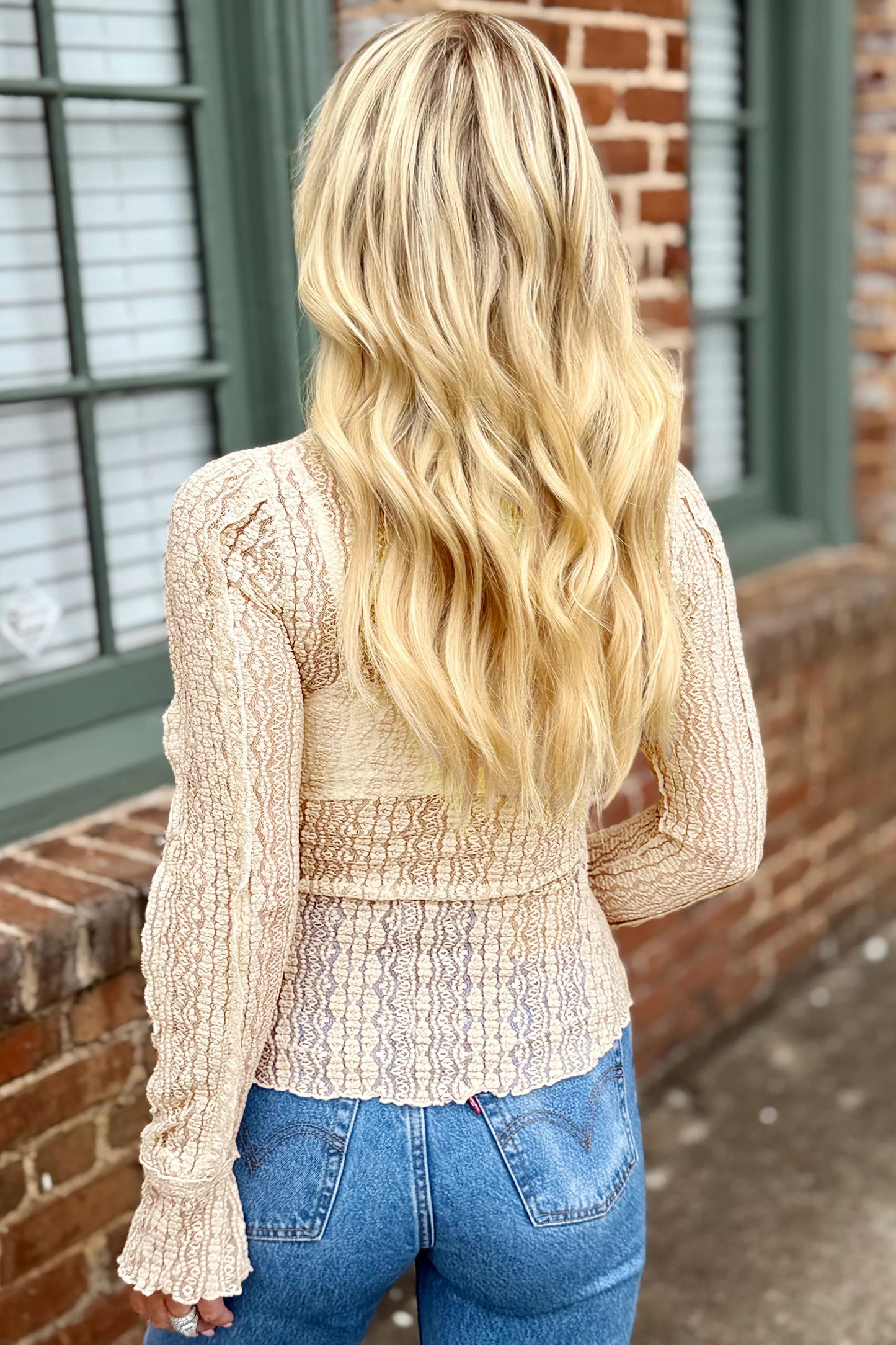Light Pink Flounced Long Sleeve Mock Neck Sheer Lace Top