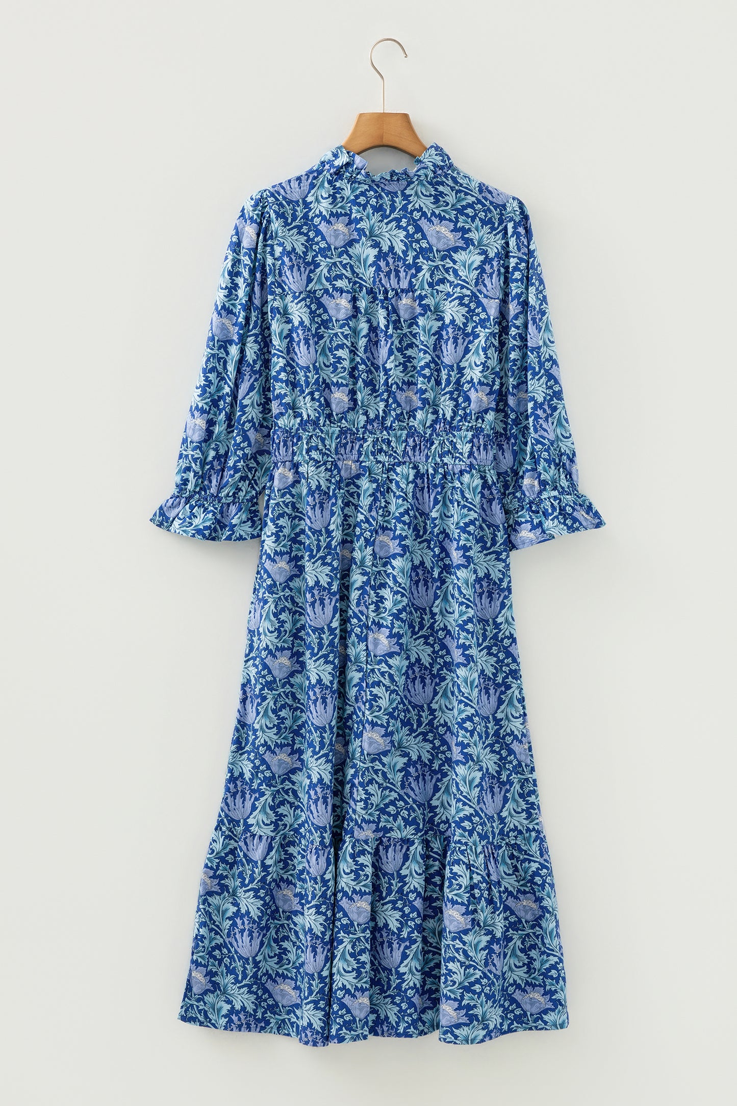 Sky Blue Floral Printed Frilled V Neck Bracelet Sleeve Long Dress