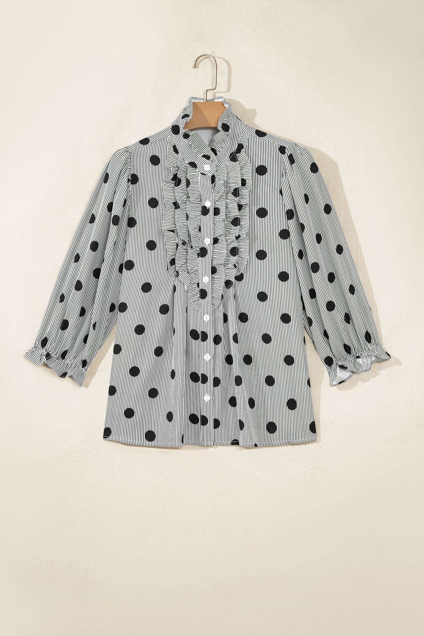 Black white Polka Dot Striped Print Ruffle Stand Neck 3/4 Sleeve Shift Shirt
