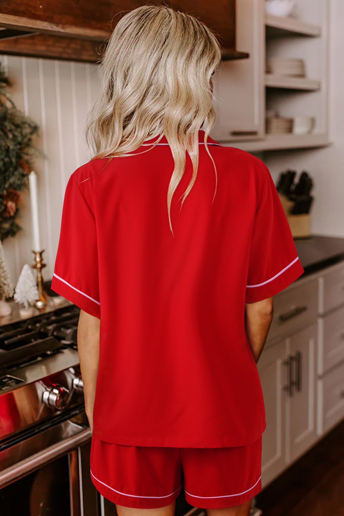 Fiery Red Contrast Trim Ribbon Bow Short Silky 2pcs Pajama Set