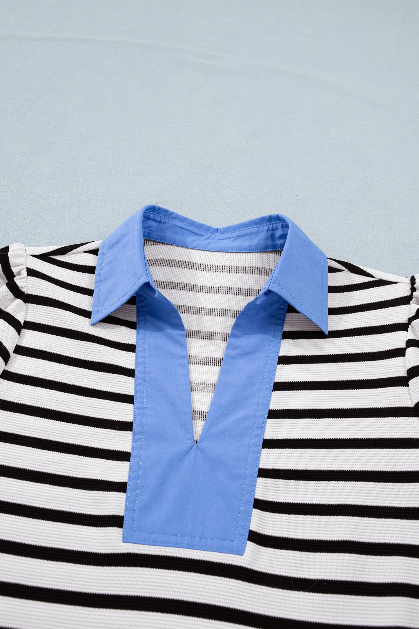 Blue Stripe Short Puff Sleeve Color Block Polo Collar Blouse