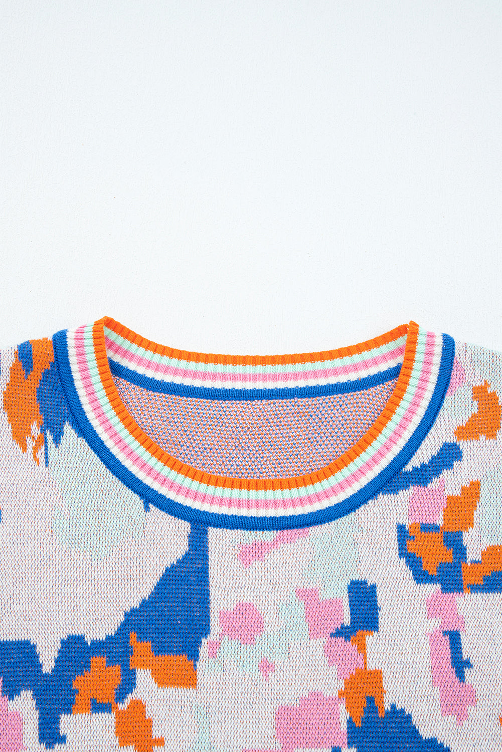 Apricot Abstract Pattern Contrast Striped Trim Short Sleeve Sweater