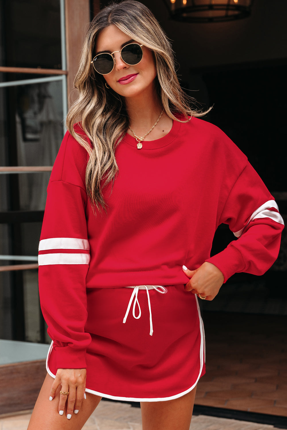 Fiery Red Varsity Stripe Detail Drop Shoulder Pullover Mini Skort Set
