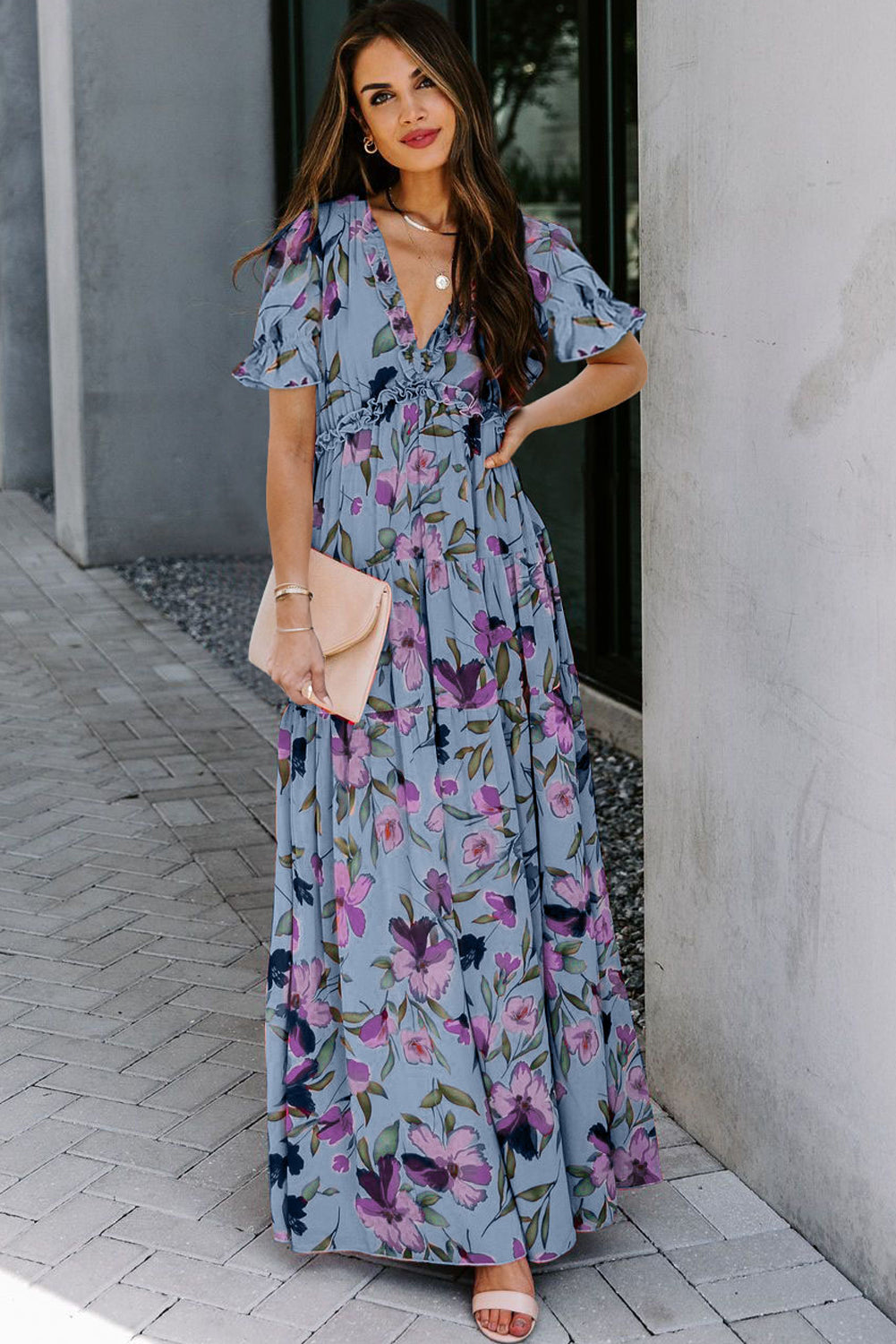 Multicolor Fiery Floral Print Frilled V Neck Short Sleeve Maxi Dress