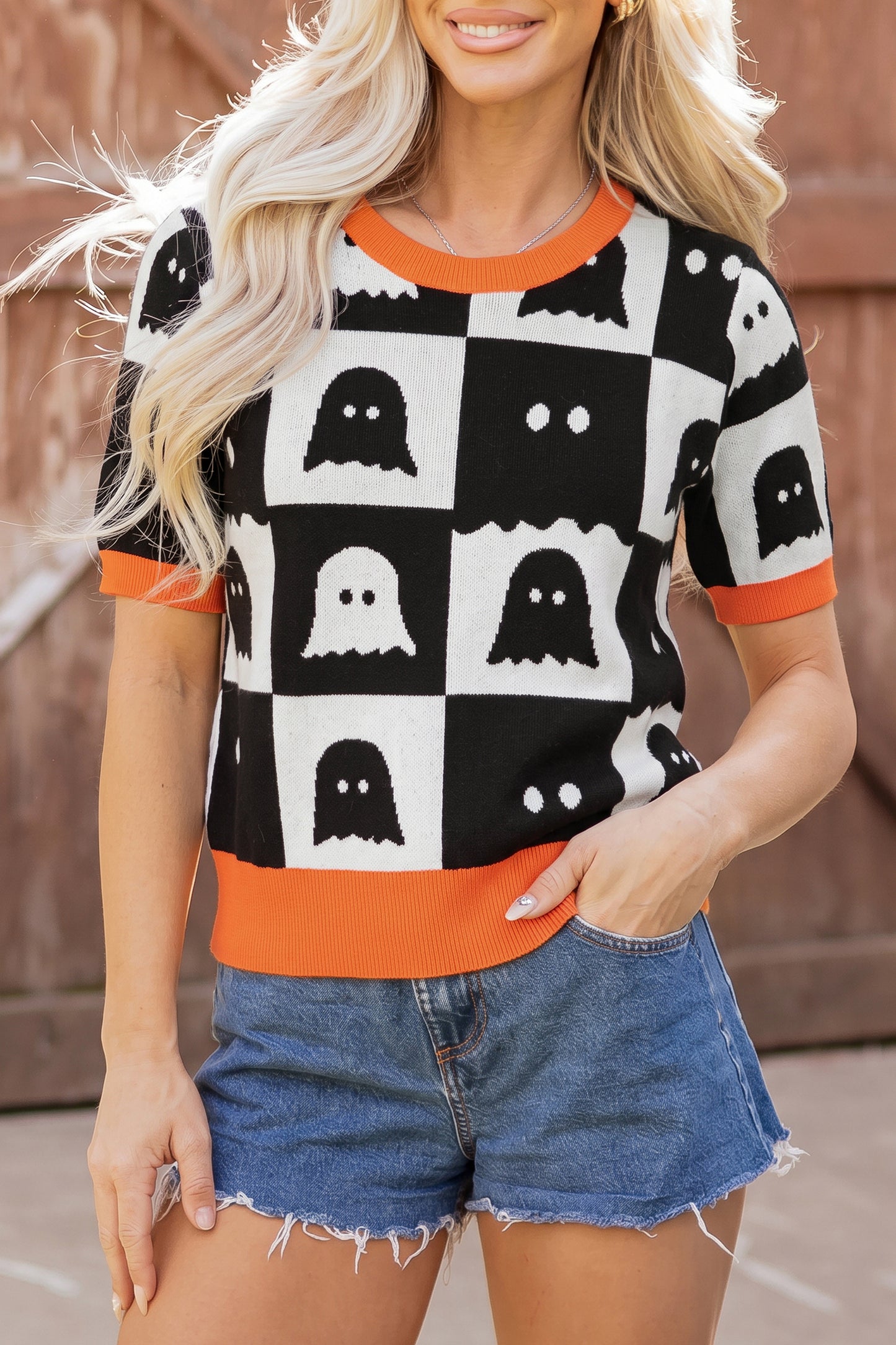White Geometric Ghost Color Block Trim Short Sleeve Knit Sweater