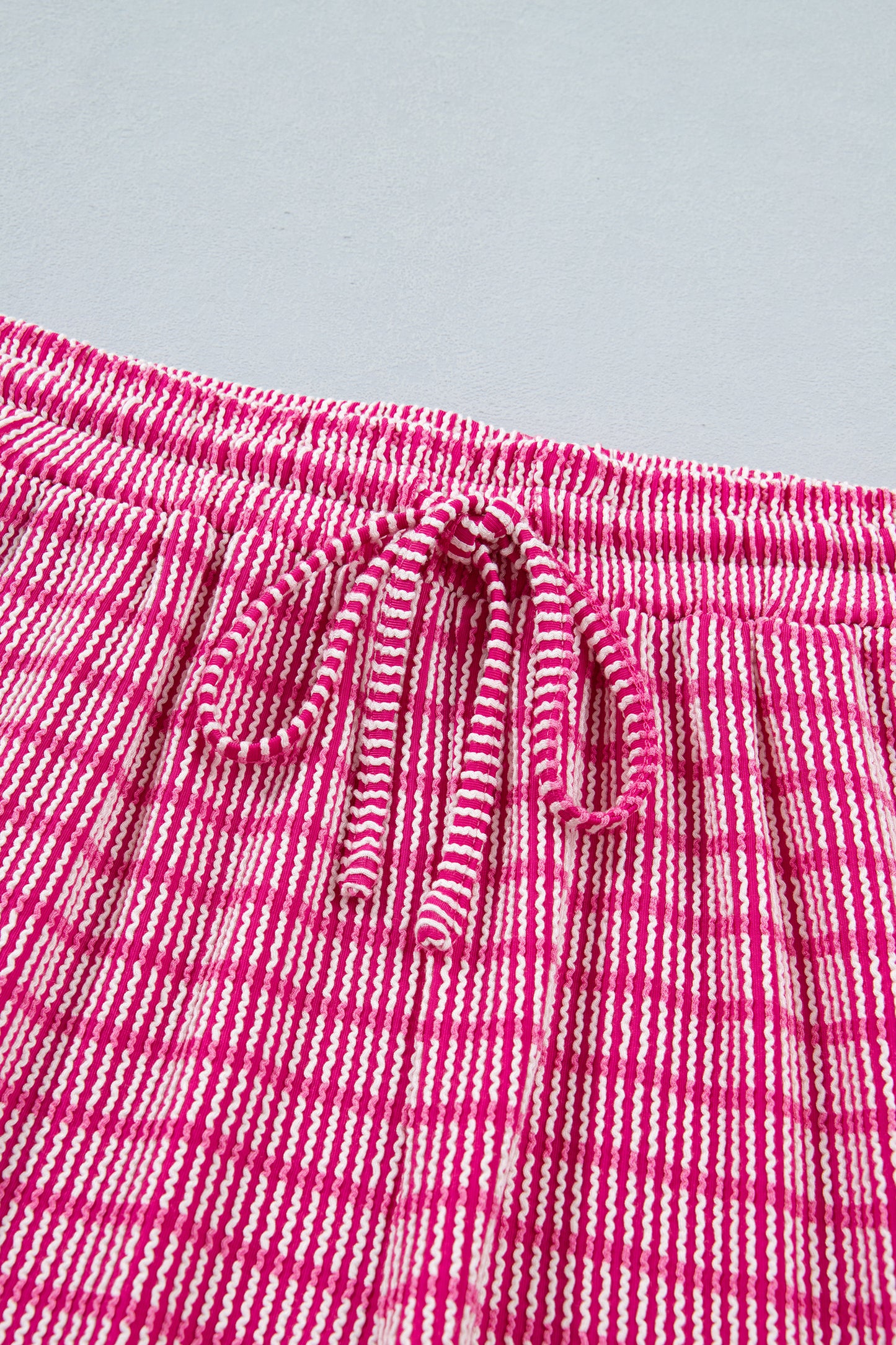 Rose Stripe Raised Rib Loose Tee Drawstring Elastic Waist 2pcs Short Set