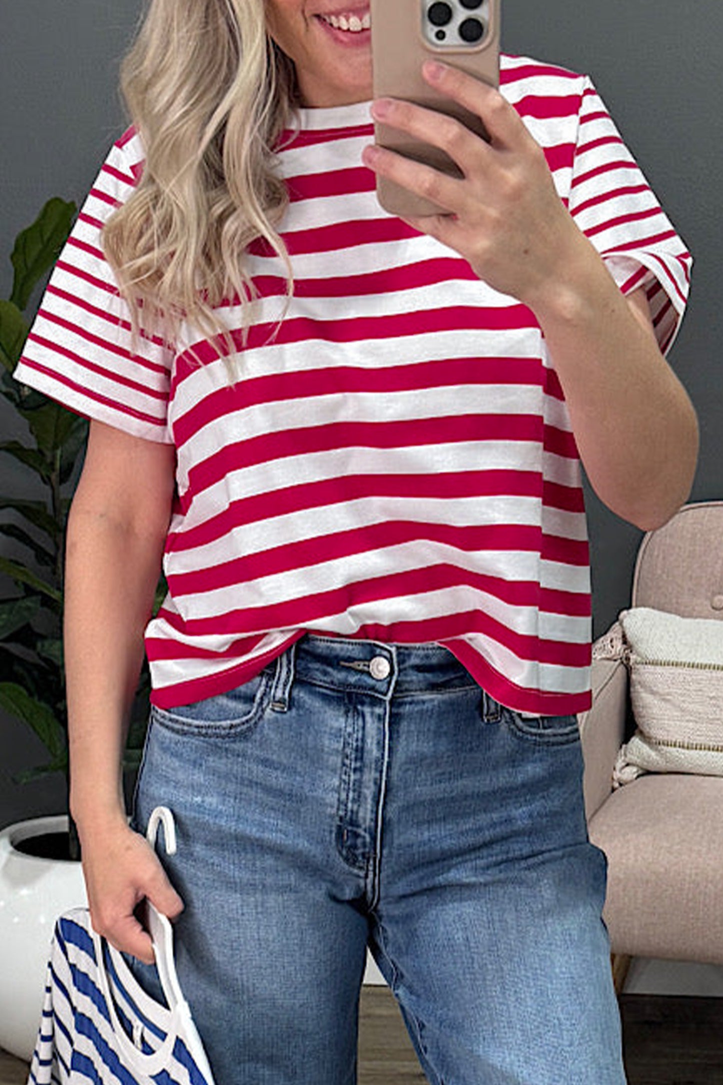 Red Stripe Patchwork Round Neck T Shirt