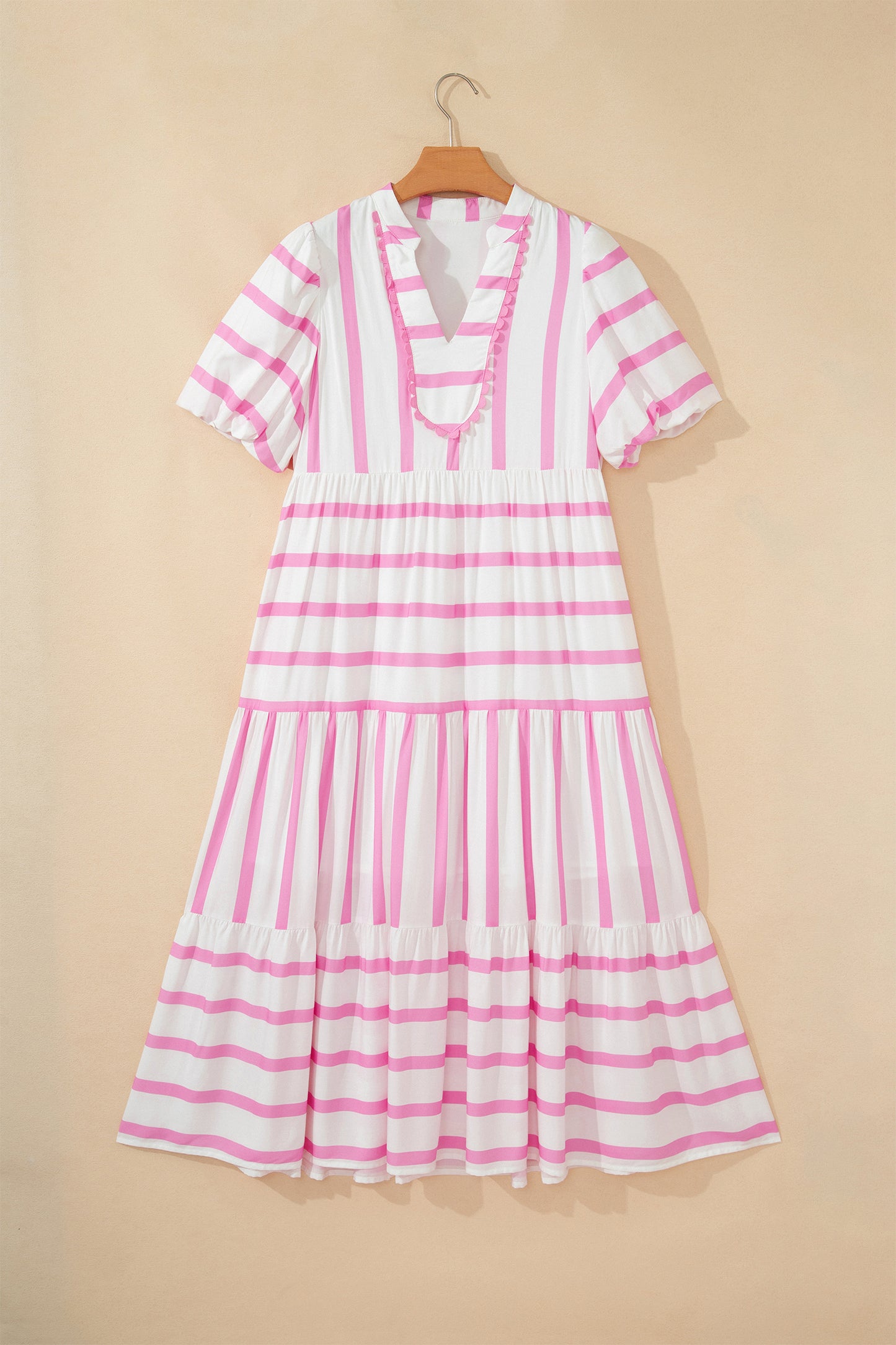Green Stripe Ricrac Trim Notched Neck Half Sleeve Vacation Dress