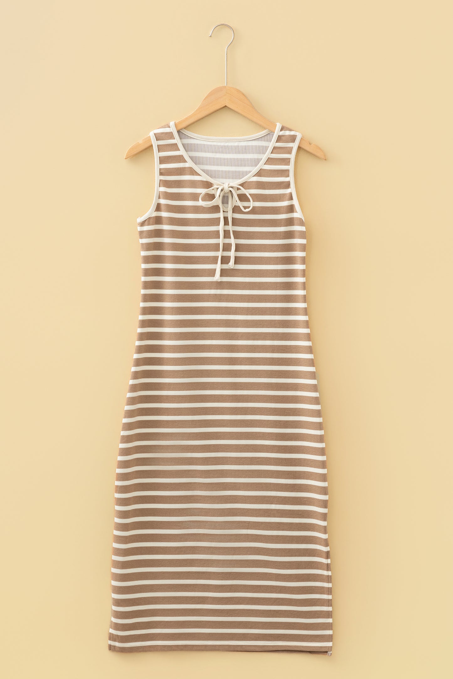 Khaki Stripe Tie V Neck Sleeveless Side Slit Midi Dress