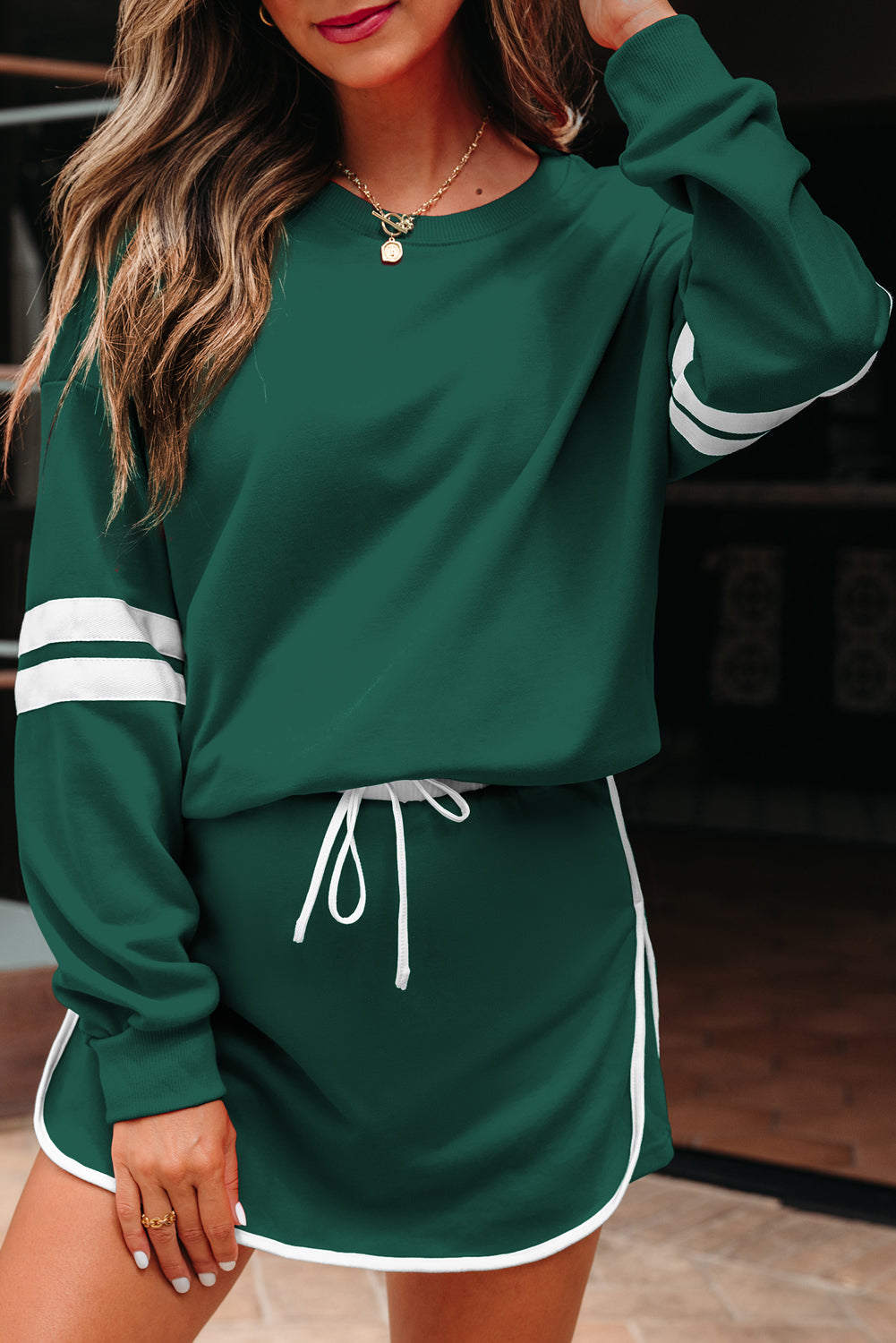 Evergreen Varsity Stripe Detail Drop Shoulder Pullover Mini Skort Set
