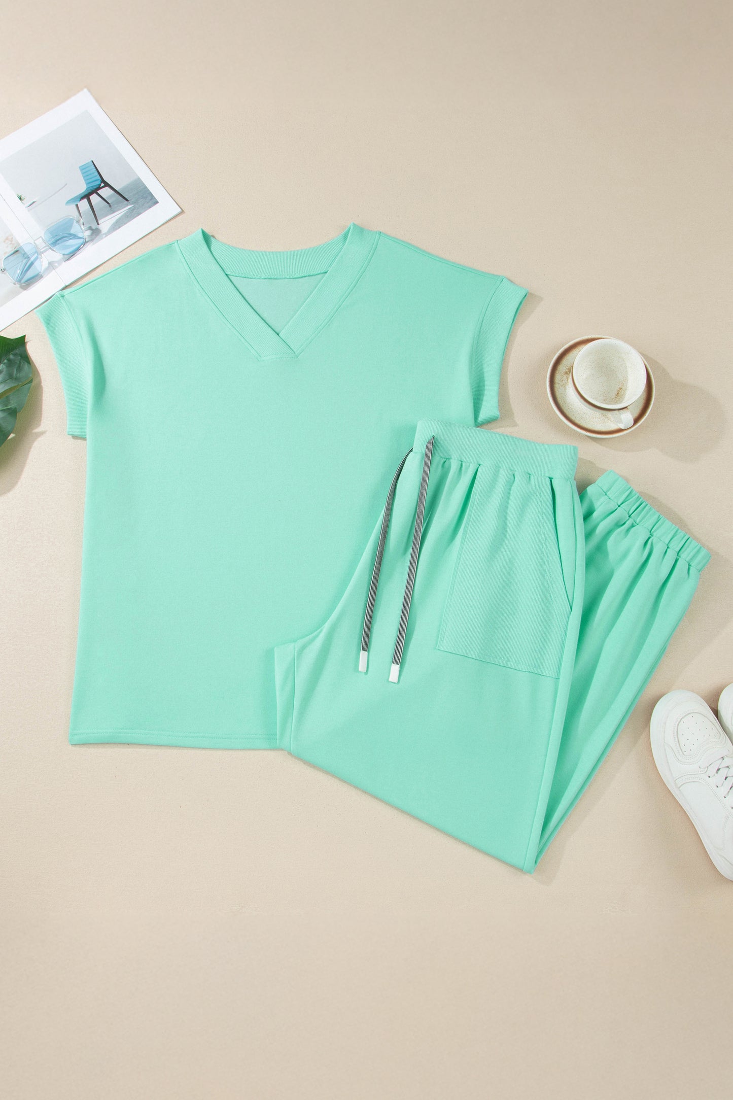 Bonbon Solid V-Neck Tee and Drawstring Plus Size Pants Set