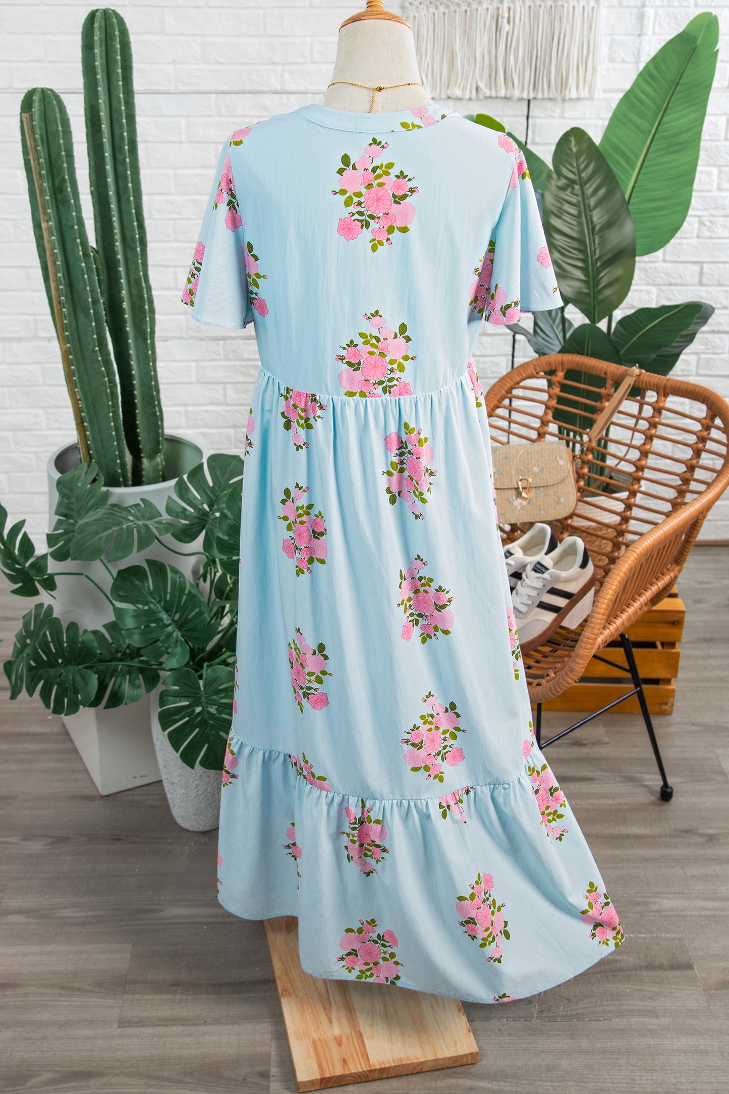 Pink Notched Neck Flutter Short Sleeve Floral Print Maxi Dress