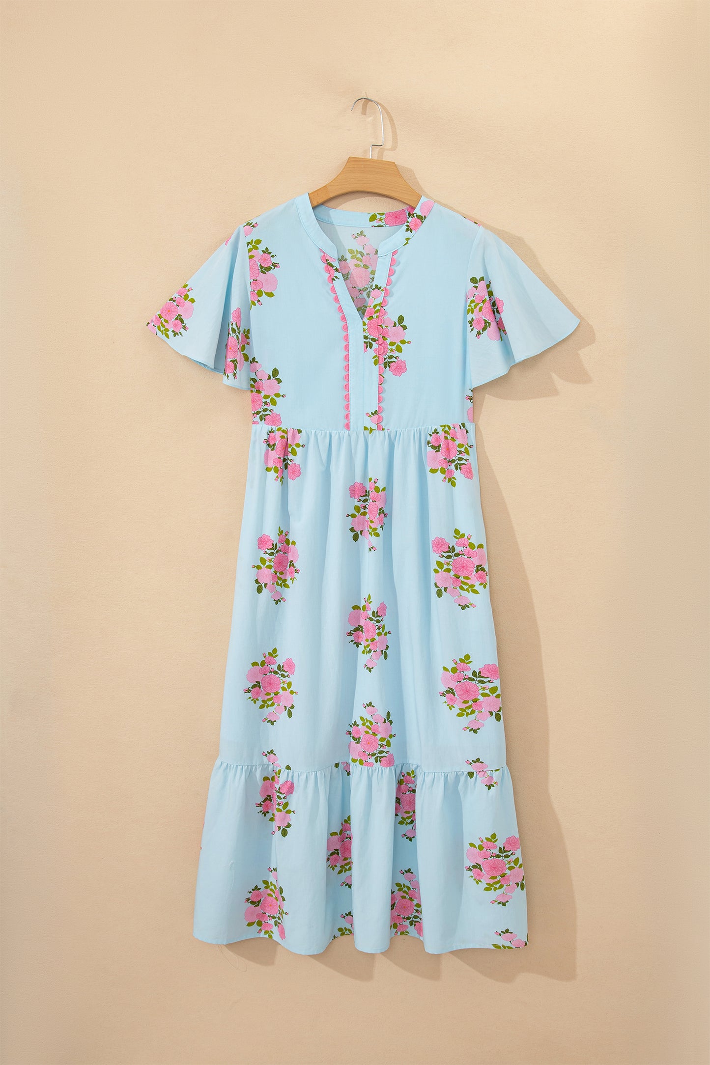 Pink Notched Neck Flutter Short Sleeve Floral Print Maxi Dress