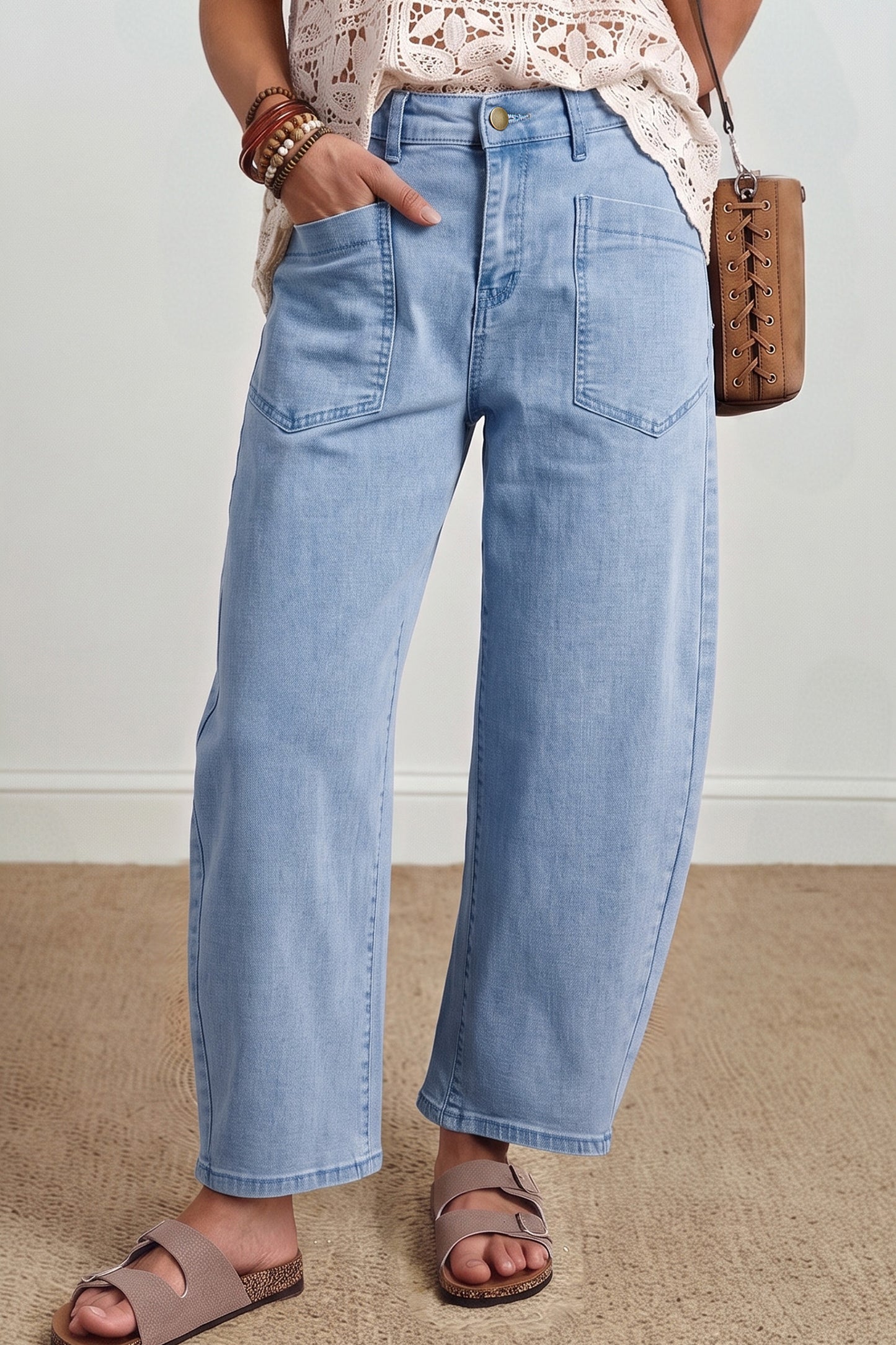 Coffee Solid Color Square Patch Pocket Ankle-length Barrel Jeans