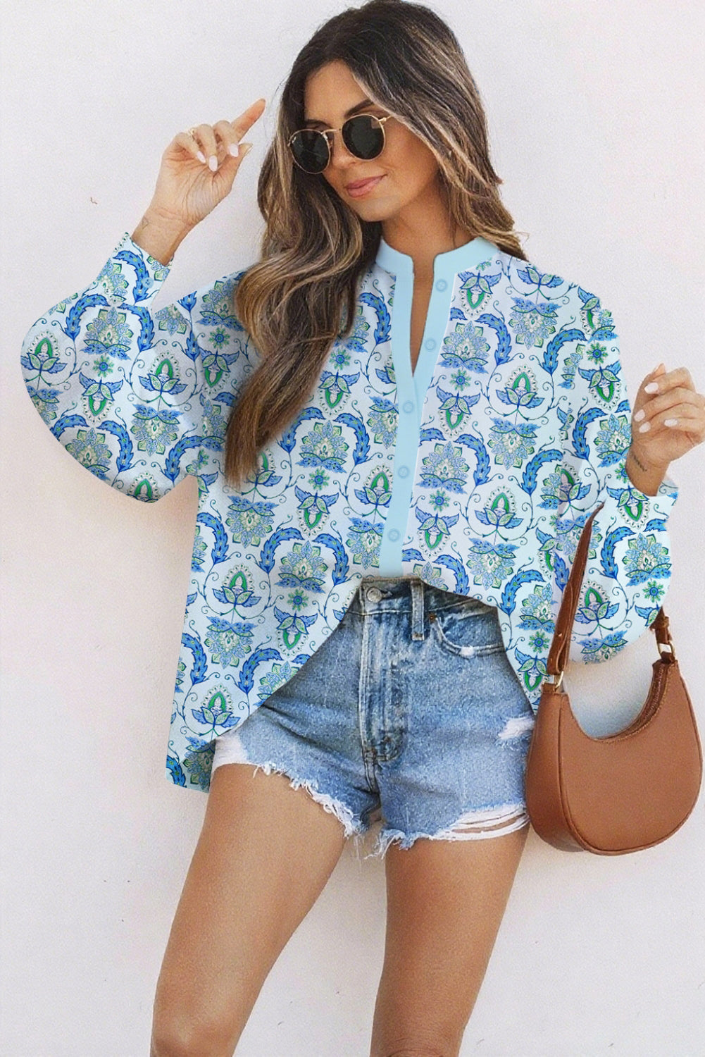 Sky Blue Paisley Button V Neck Long Sleeve Shirt