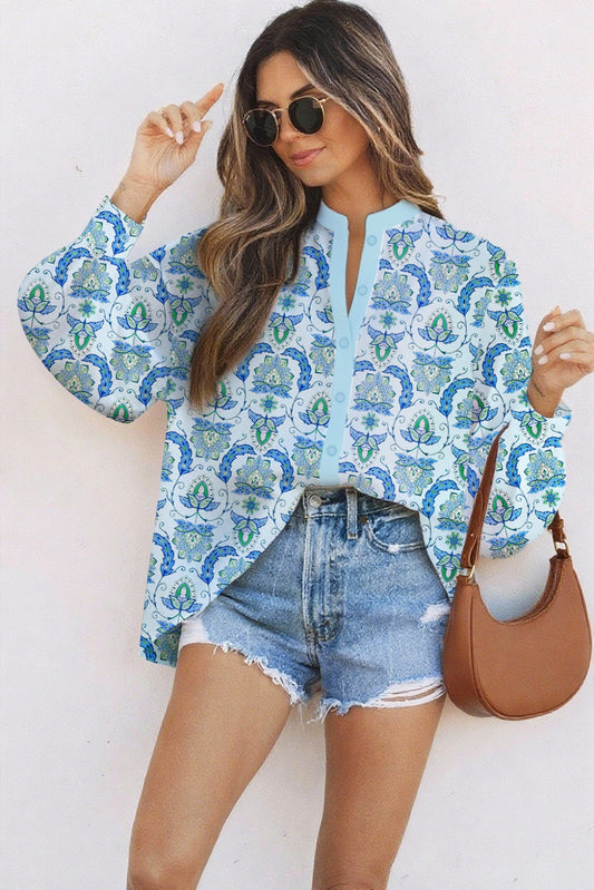 Sky Blue Paisley Button V Neck Long Sleeve Shirt