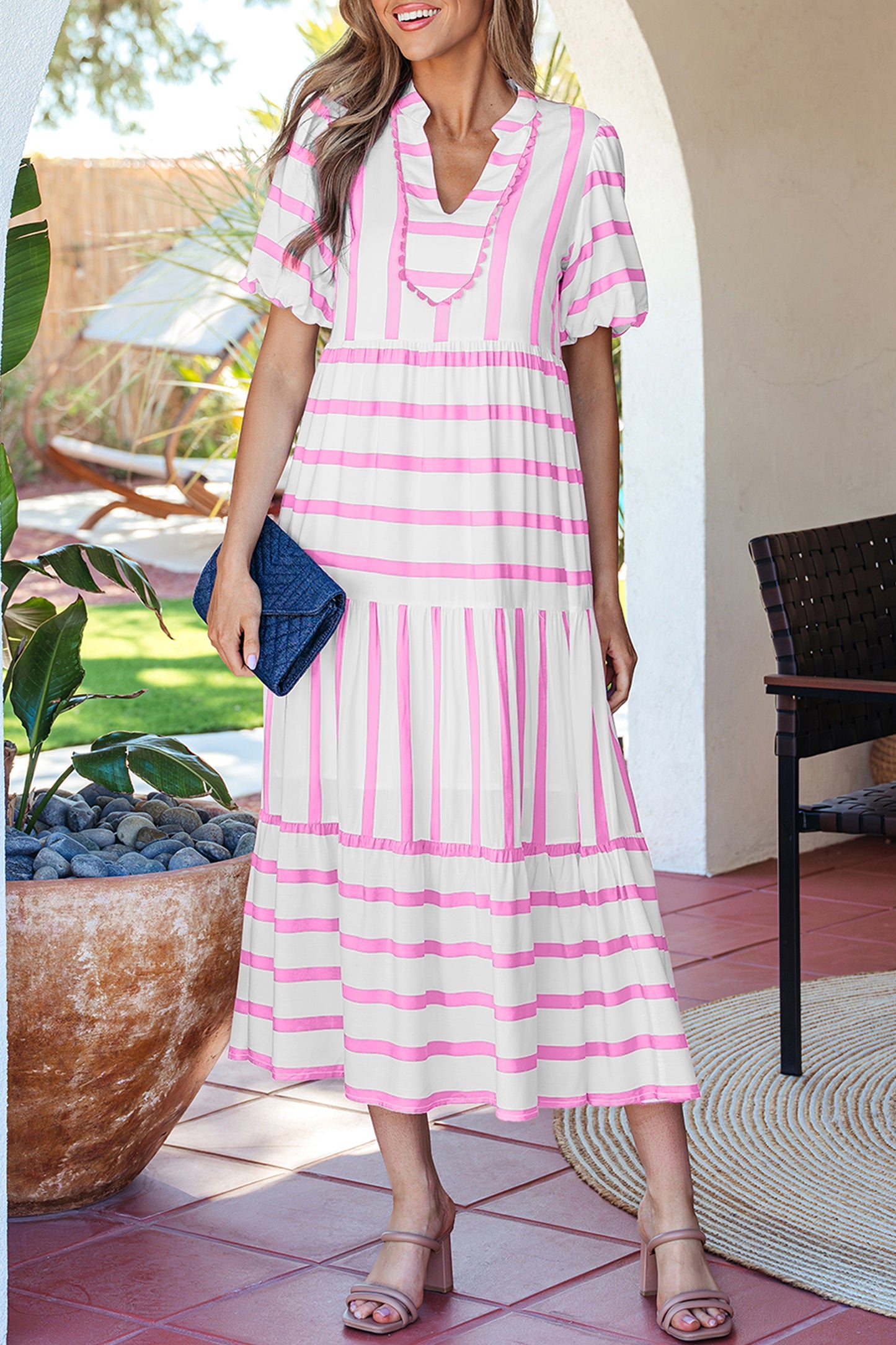 Green Stripe Ricrac Trim Notched Neck Half Sleeve Vacation Dress