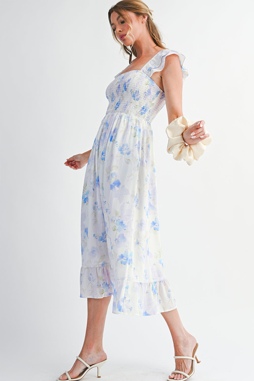 Sky Blue Floral Smocked High Waist Ruffle Sleeveless Long Dress