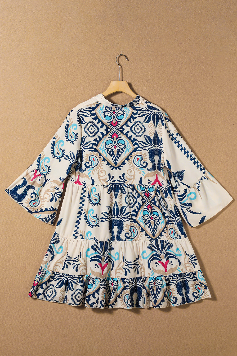 Sky Blue Ethnic Print Boho Tiered Mini Dress