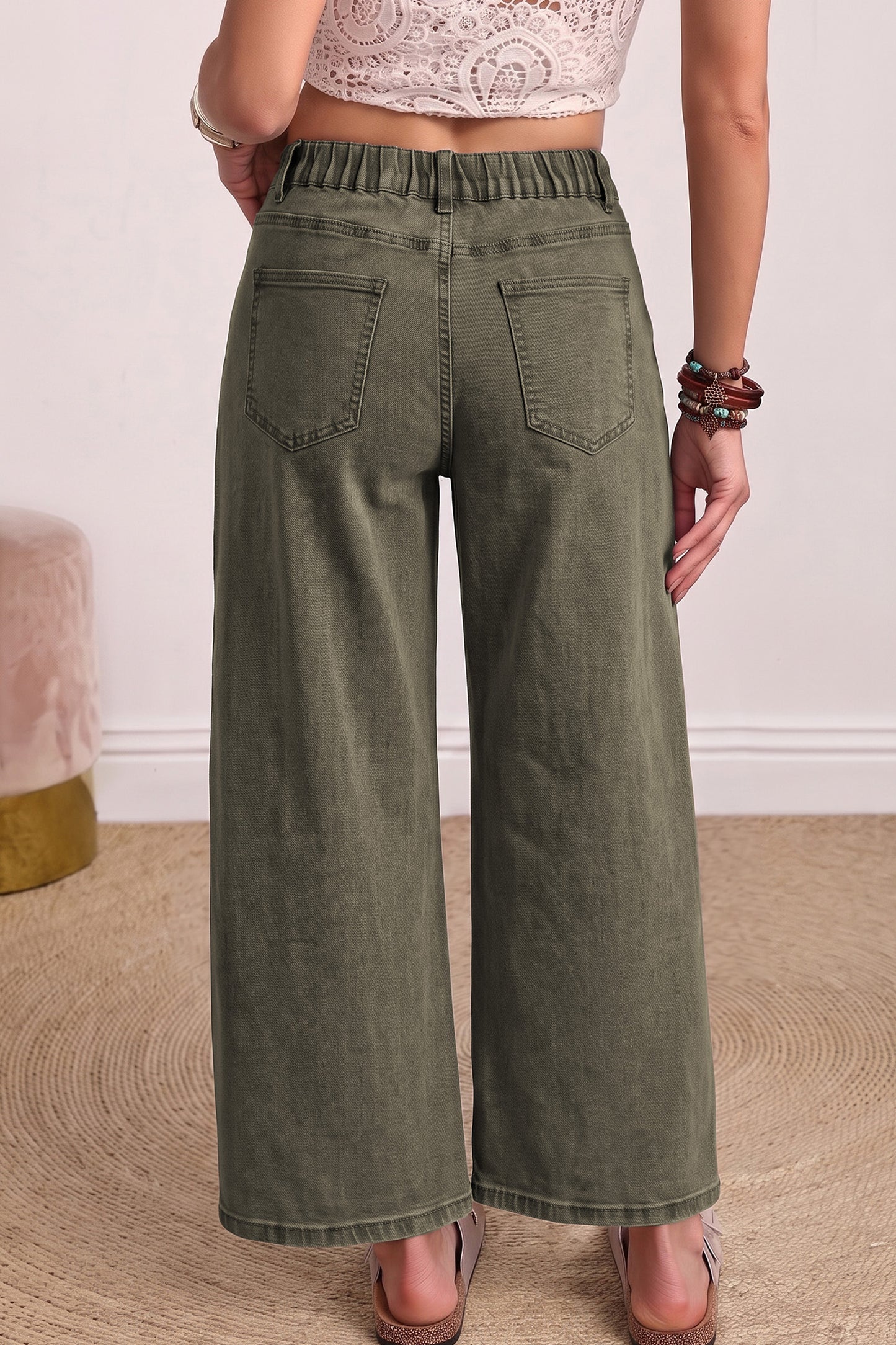 Coffee Solid Color Square Patch Pocket Ankle-length Barrel Jeans