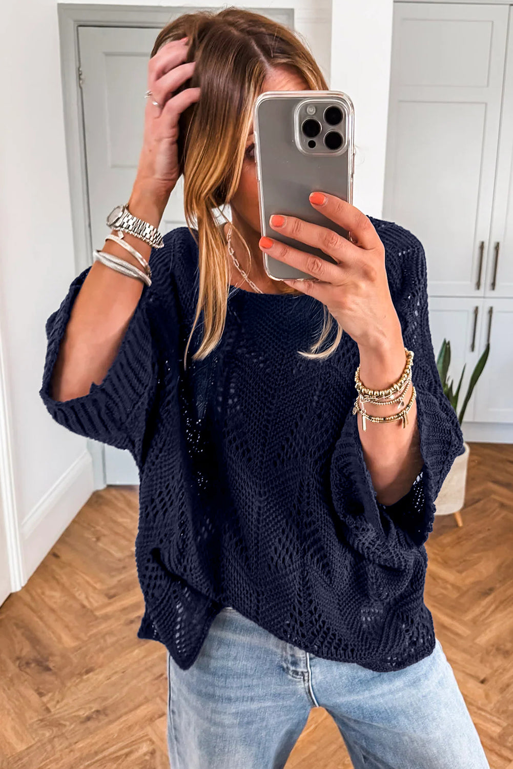 Seagrass Hollow Out Knit 3/4 Sleeve Loose Sweater