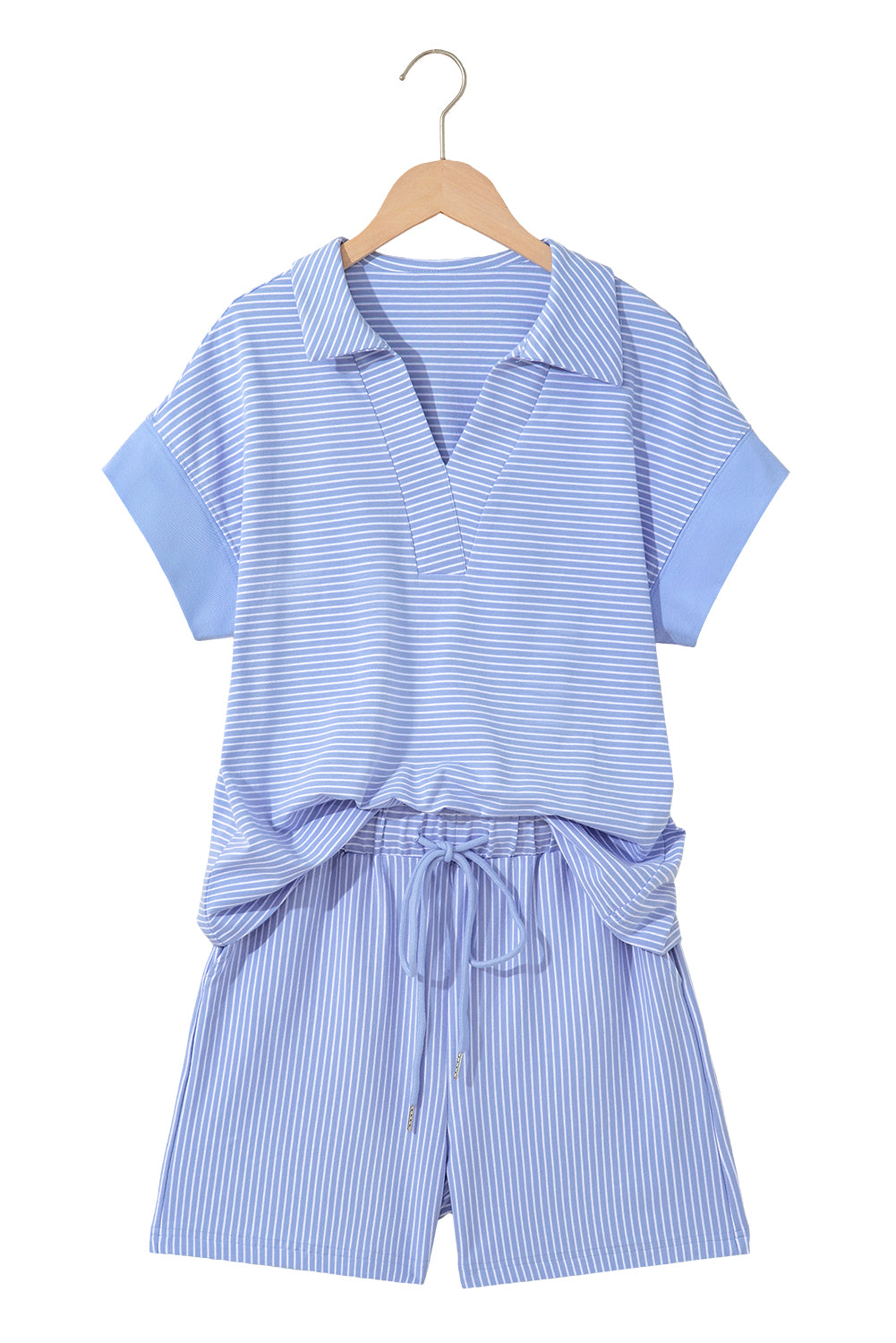 Purple Stripe Dolman Sleeve Polo Shirt and Drawstring Shorts Set