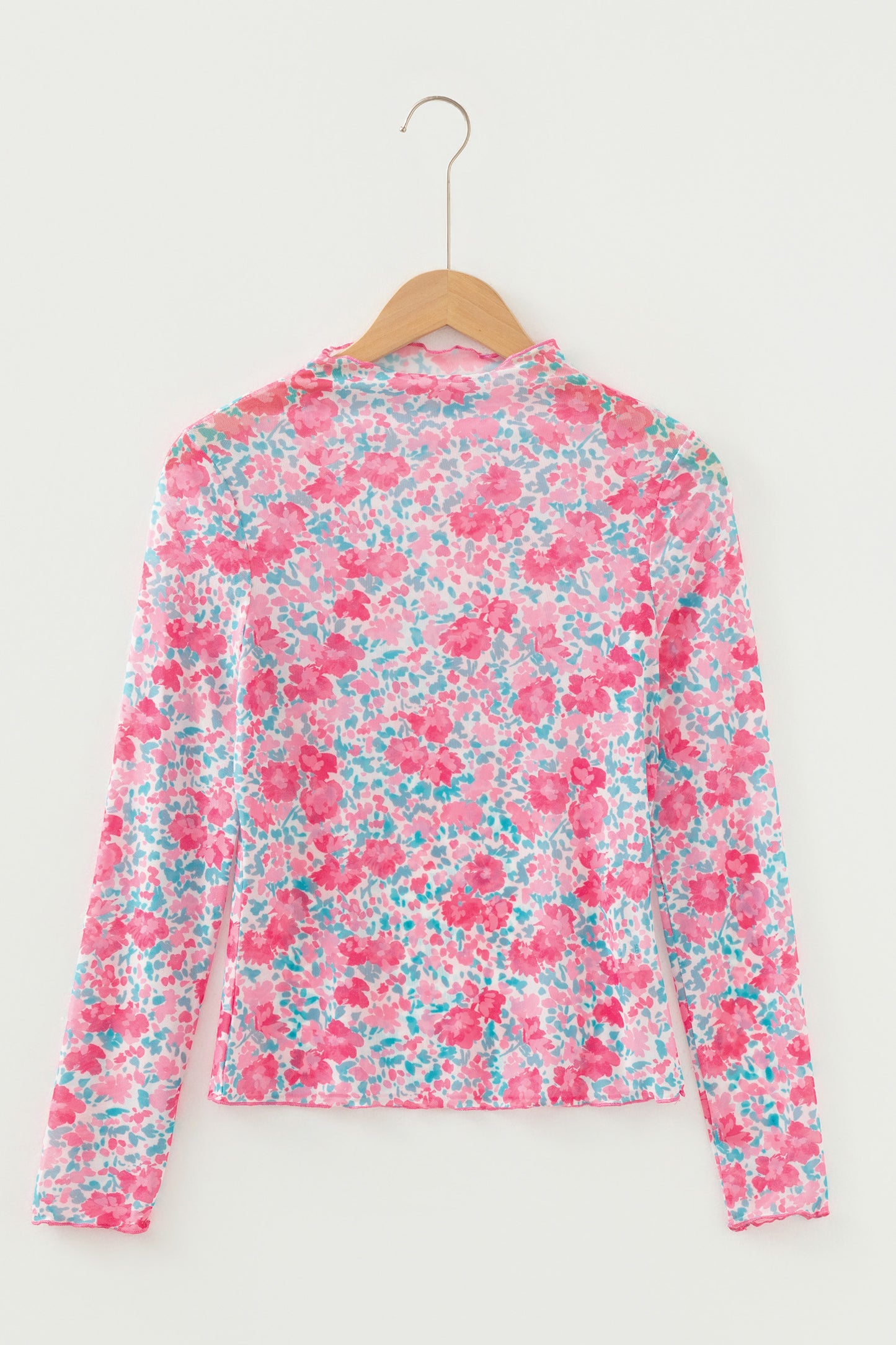 Rose Slim Fit Floral Mesh Long Sleeve Mock Neck Top