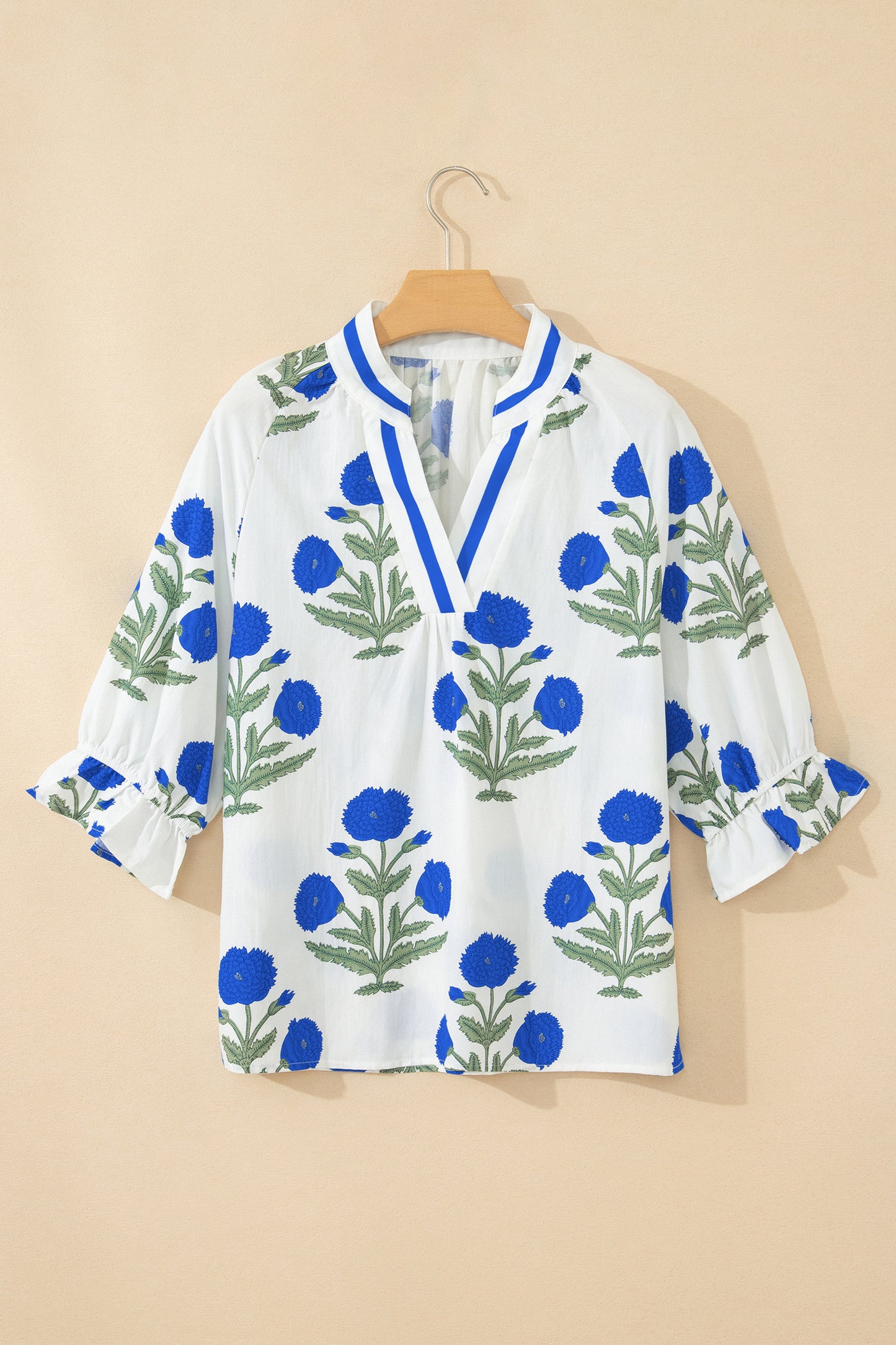 Green Casual Wild Flower Print V Neck 3/4 Sleeve Blouse