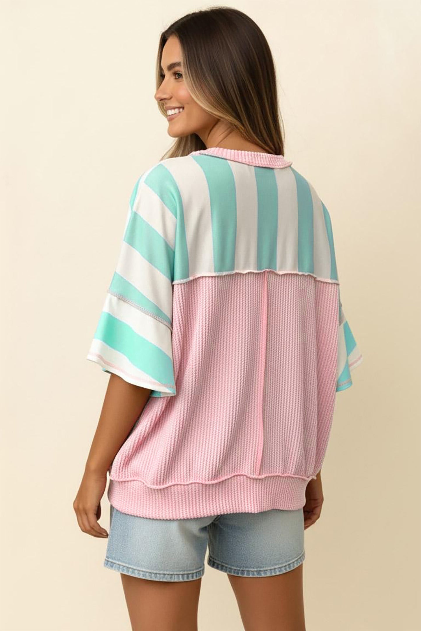 Pink Stripe Exposed Seam Ribbed Patchwork Oversized Tee