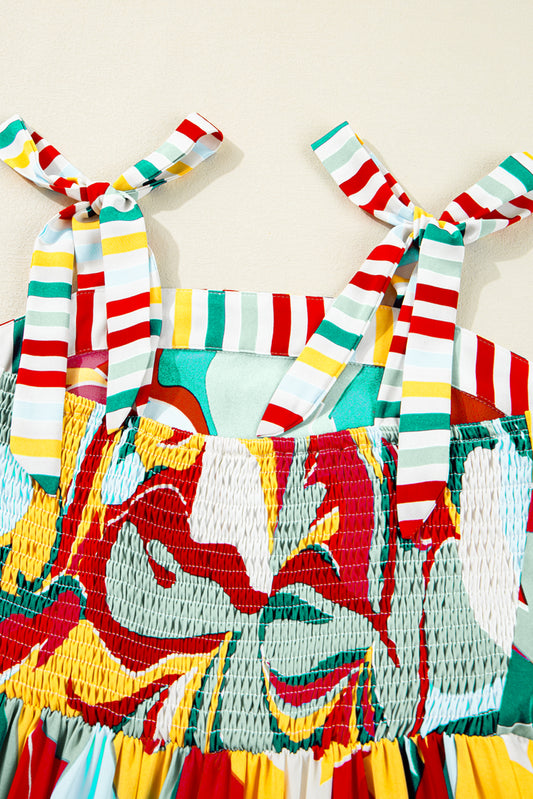 Multicolor Abstract Print Striped Detail Knot Strap Maxi Dress