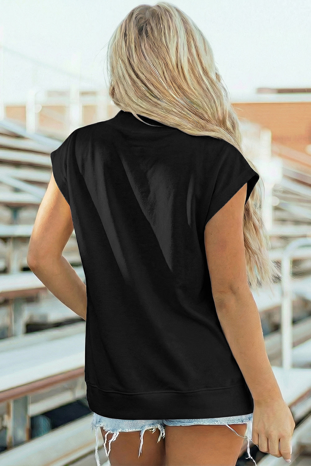 White Solid Color High Neck Cap Sleeve Loose Top