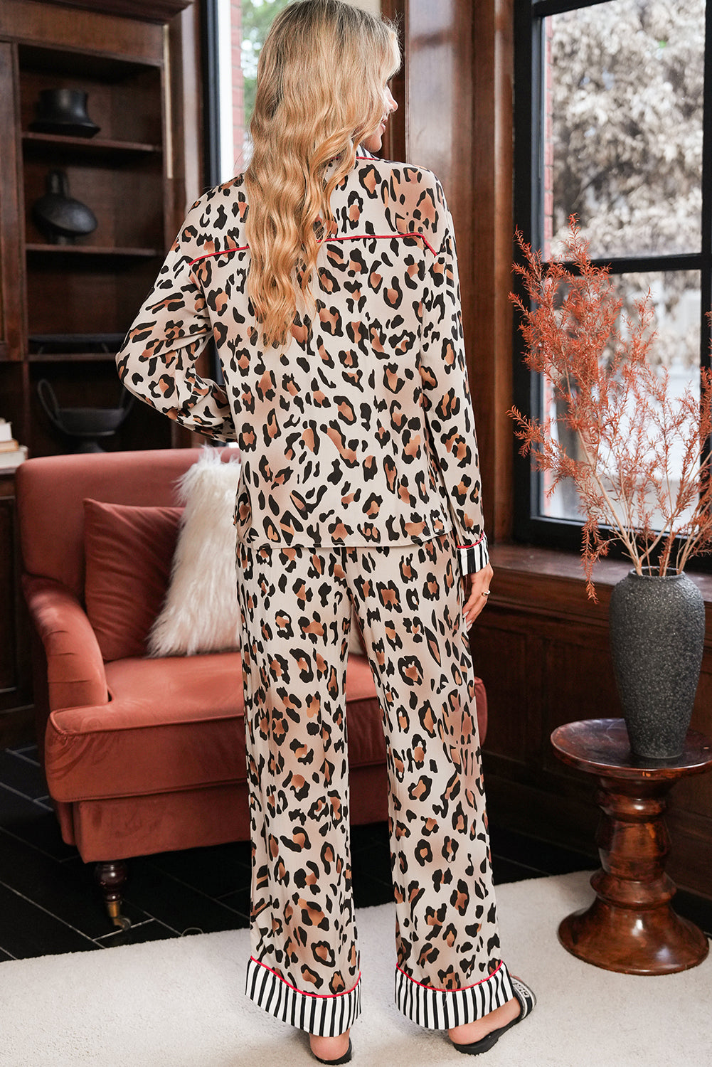 Khaki Leopard Print Colorblock Striped Patchwork Shirt and Pants Pajama Set