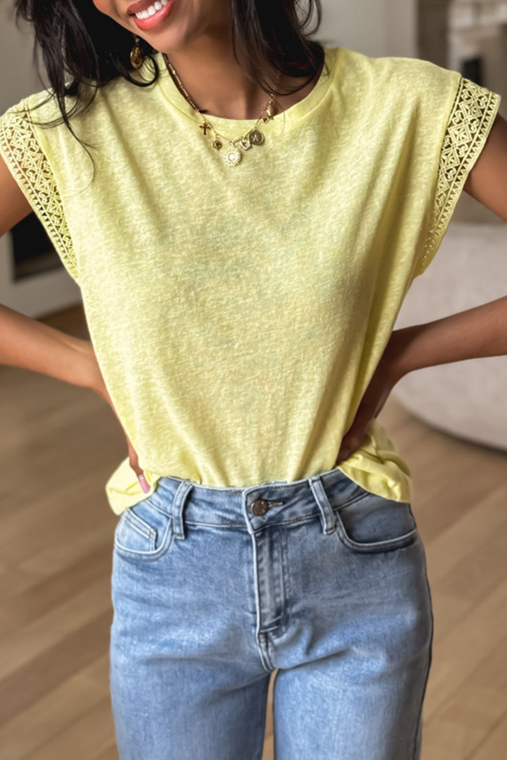 Yellow Cream Lace Patchwork Cap Sleeve Round Neck Top