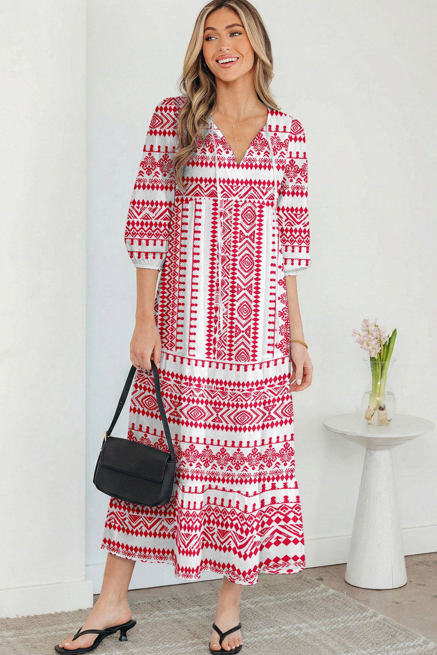 Red Boho Printed Half Sleeve Maxi Dress