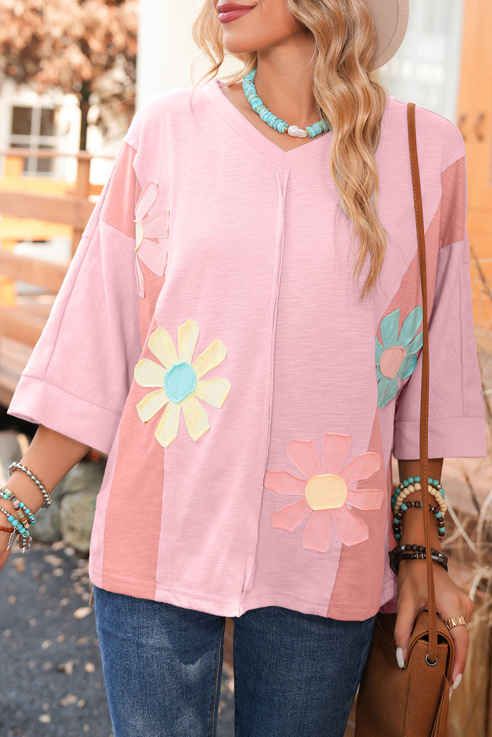 Light Blue Flower Patched Exposed Seam 3/4 Sleeve top