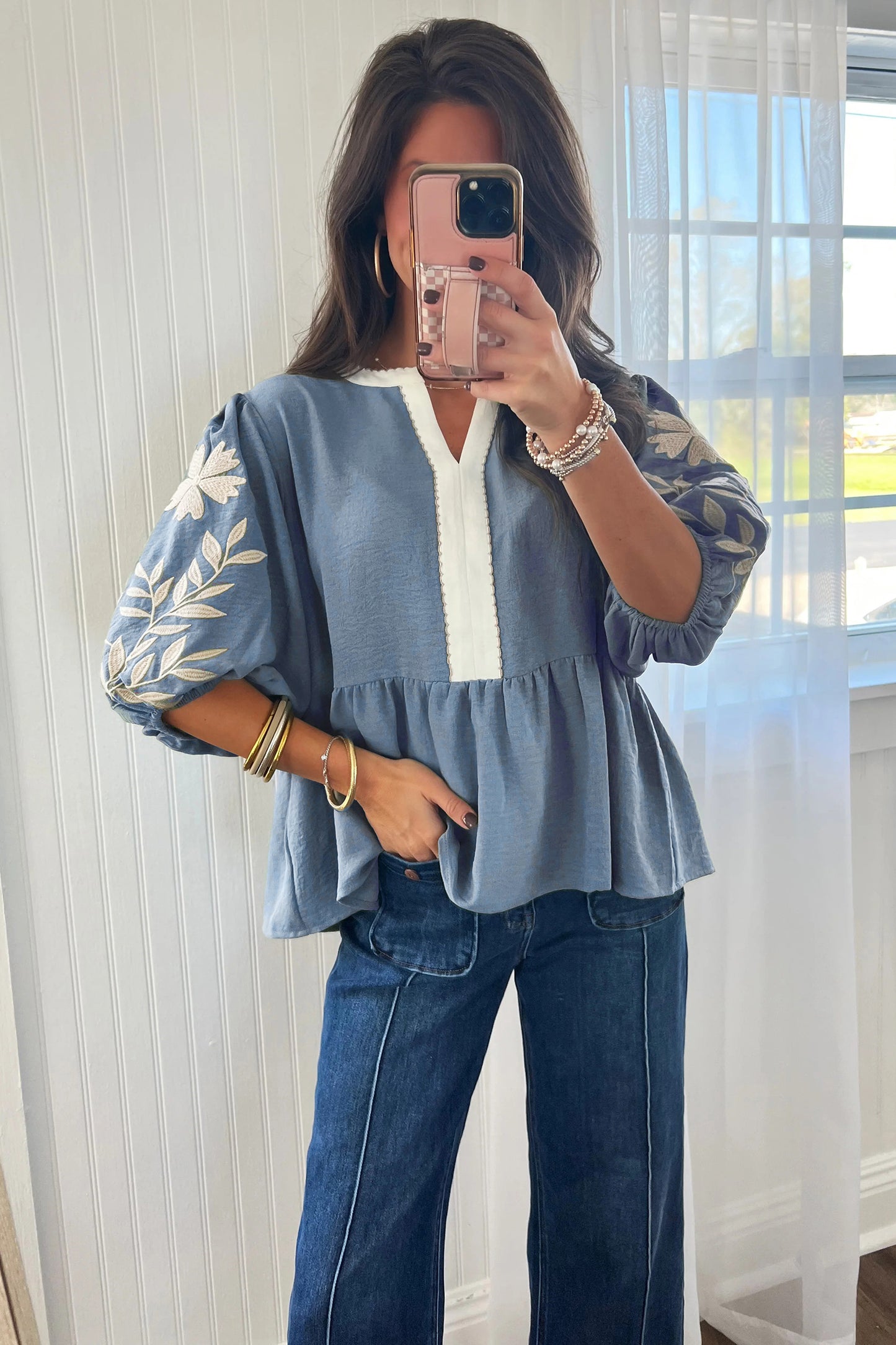Smoke Green Color Block Patchwork V Neck Embroidered Puff Sleeve Babydoll Blouse