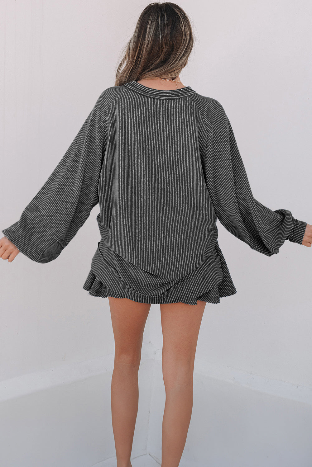 Dark Grey Corded Lantern Sleeve Top High Waist Ruffled Mini Skort Set