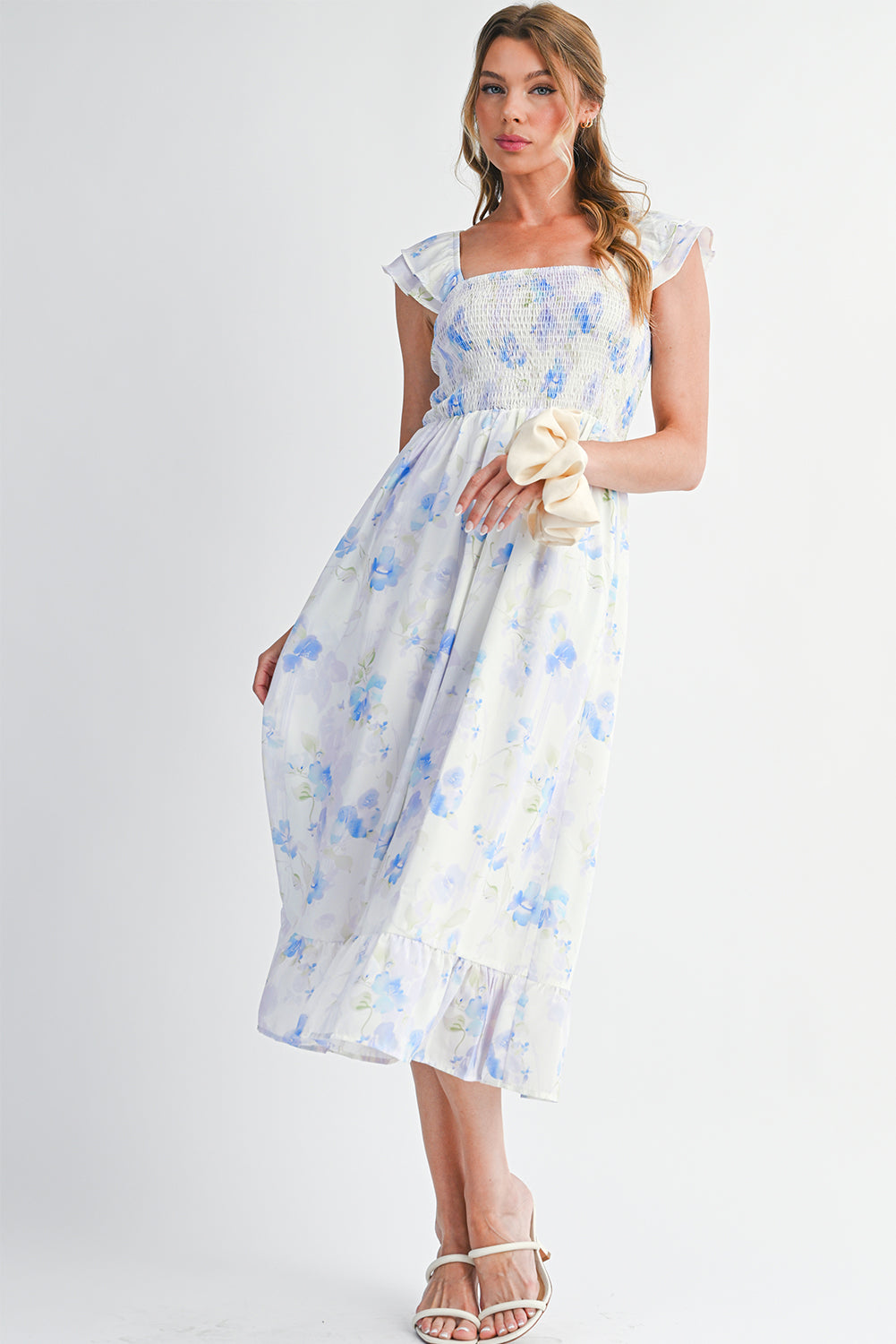 Sky Blue Floral Smocked High Waist Ruffle Sleeveless Long Dress