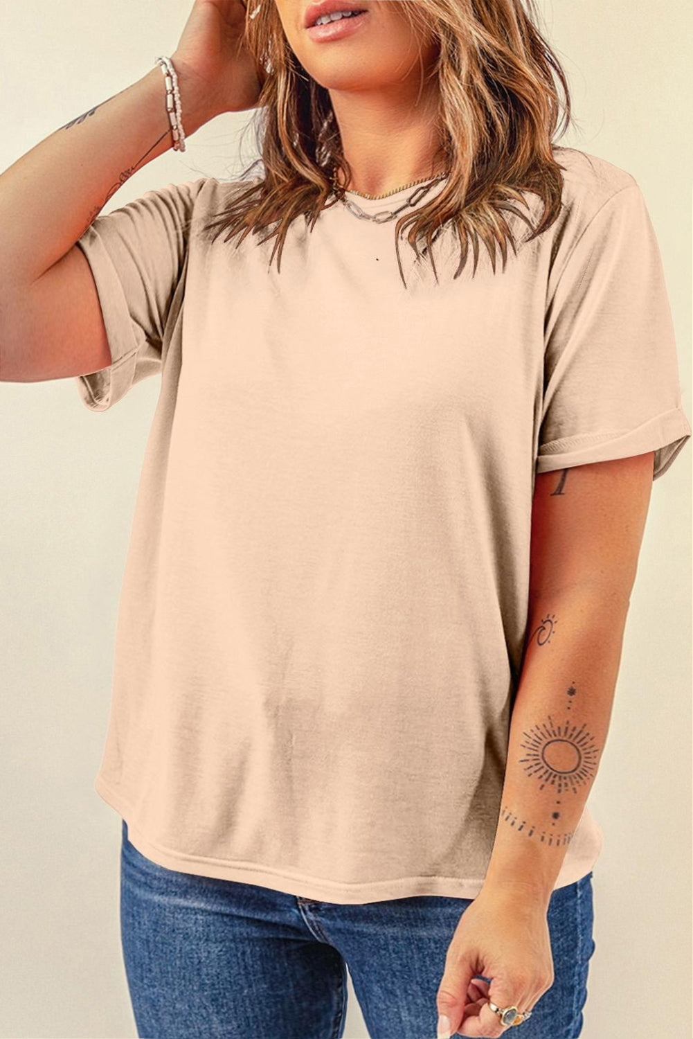 Sachet Pink Solid Color Basic Crew Neck Plain Tee
