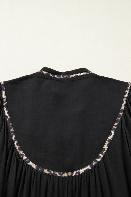 Black Contrast Leopard Trim Split Neck Long Sleeve Casual Midi Dress