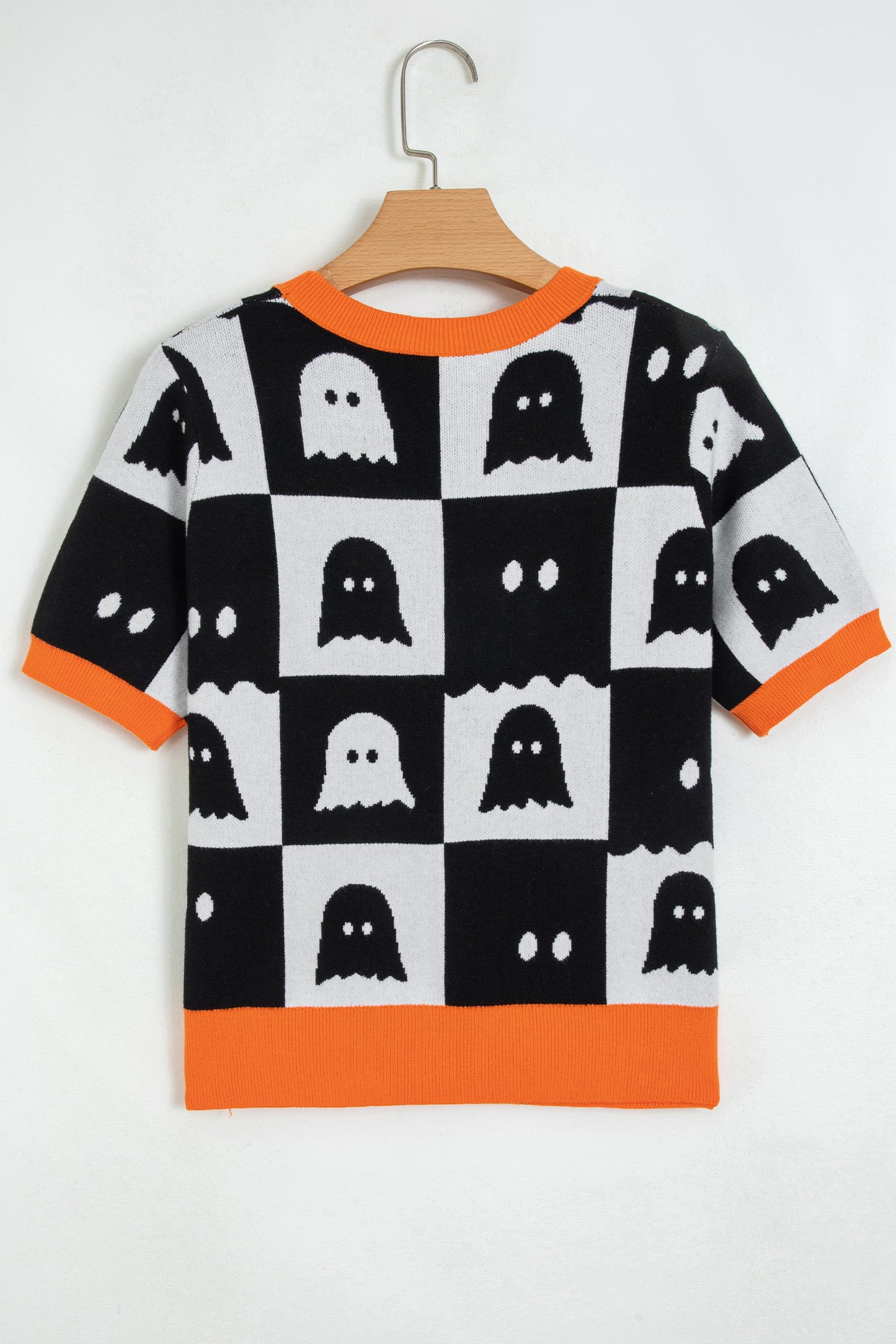 White Geometric Ghost Color Block Trim Short Sleeve Knit Sweater